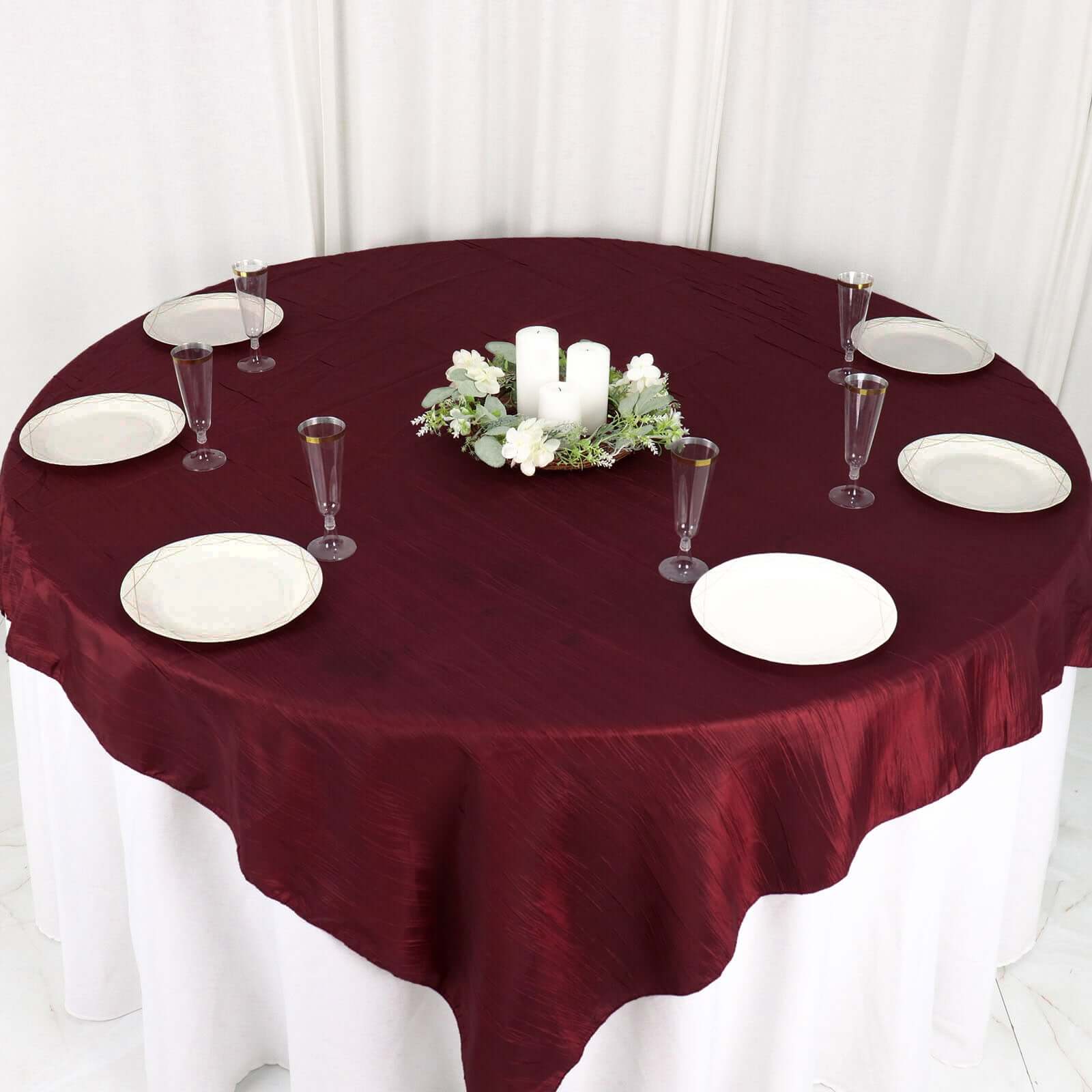 Taffeta 72"x72" Table Overlay Square Tablecloth Burgundy - Accordion Crinkle Table Cover - Bell Racket Store