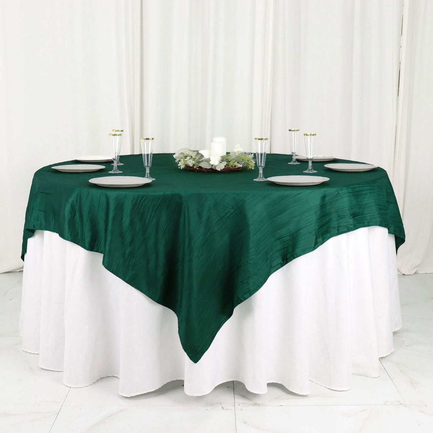 Taffeta 72"x72" Table Overlay Square Tablecloth Hunter Emerald Green - Accordion Crinkle Table Cover - Bell Racket Store