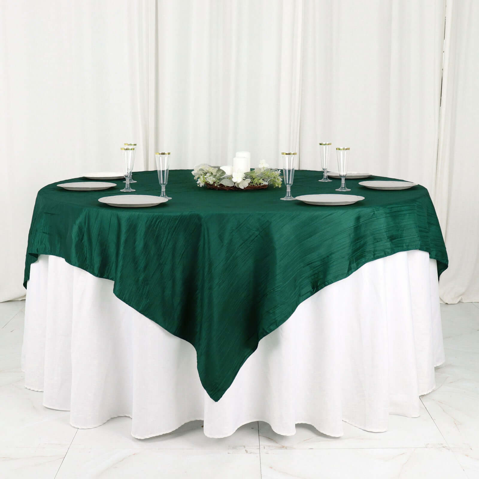 Taffeta 72"x72" Table Overlay Square Tablecloth Hunter Emerald Green - Accordion Crinkle Table Cover - Bell Racket Store