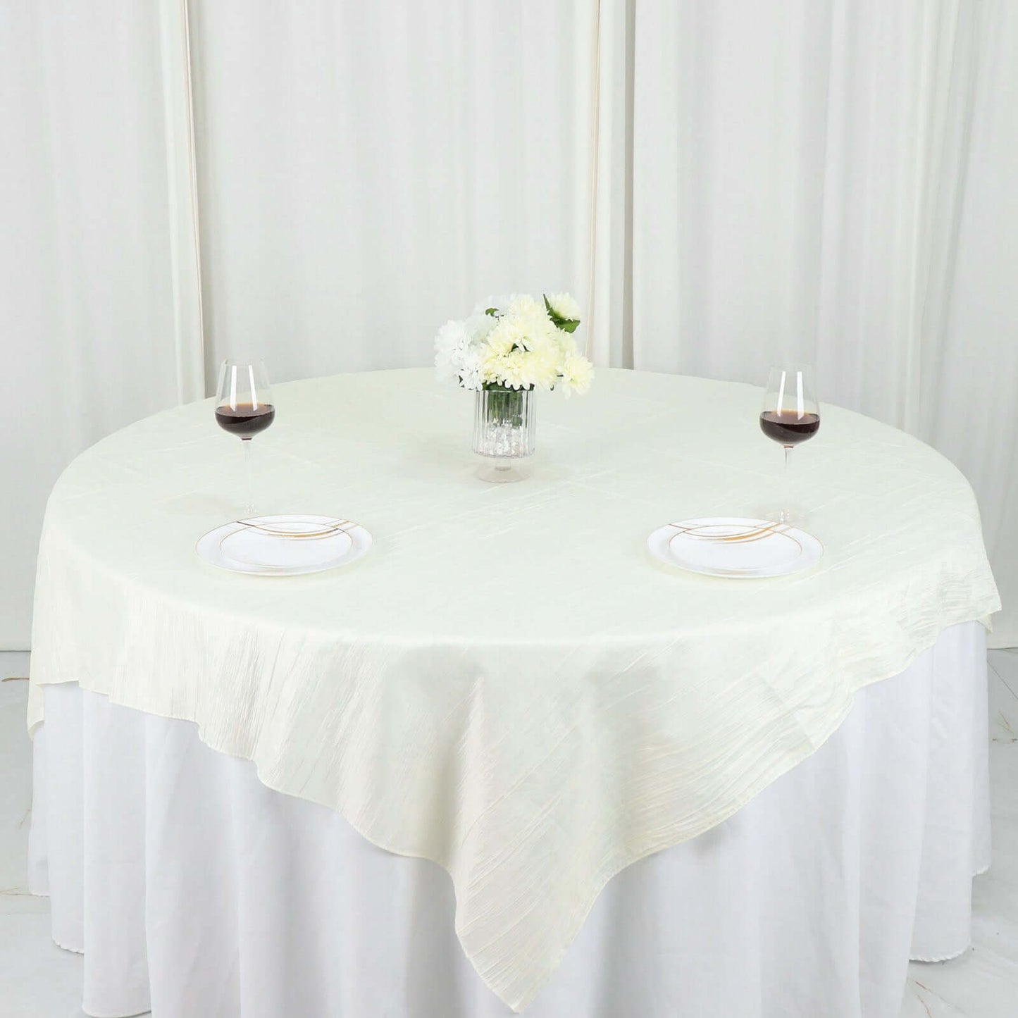 Taffeta 72"x72" Table Overlay Square Tablecloth Ivory - Accordion Crinkle Table Cover - Bell Racket Store