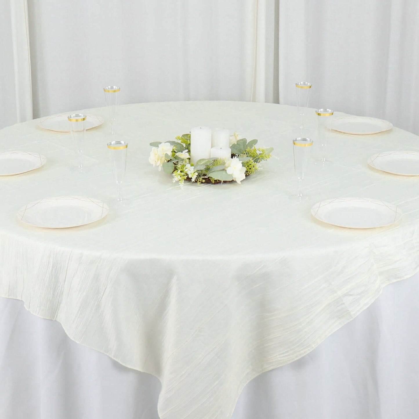 Taffeta 72"x72" Table Overlay Square Tablecloth Ivory - Accordion Crinkle Table Cover - Bell Racket Store