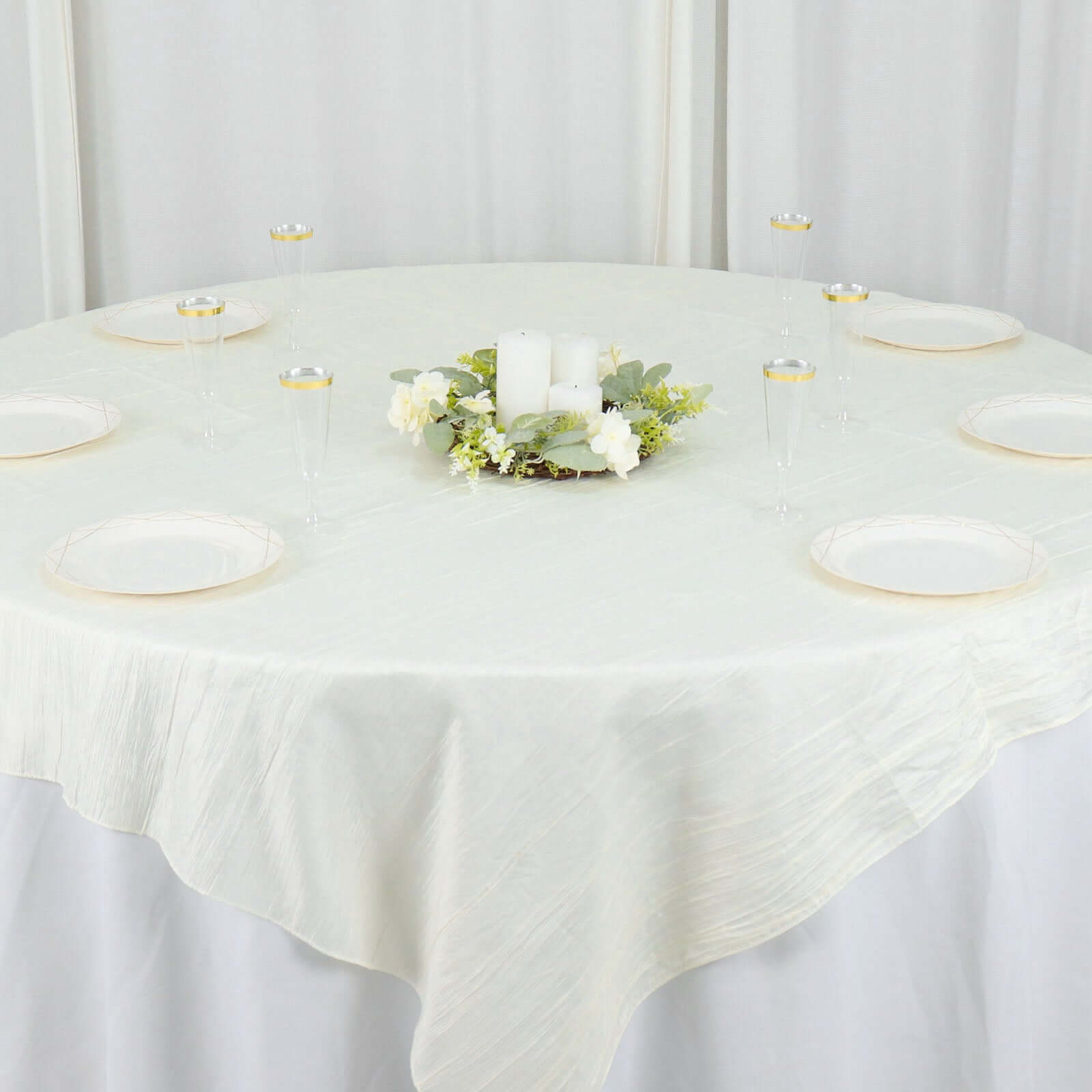 Taffeta 72"x72" Table Overlay Square Tablecloth Ivory - Accordion Crinkle Table Cover - Bell Racket Store