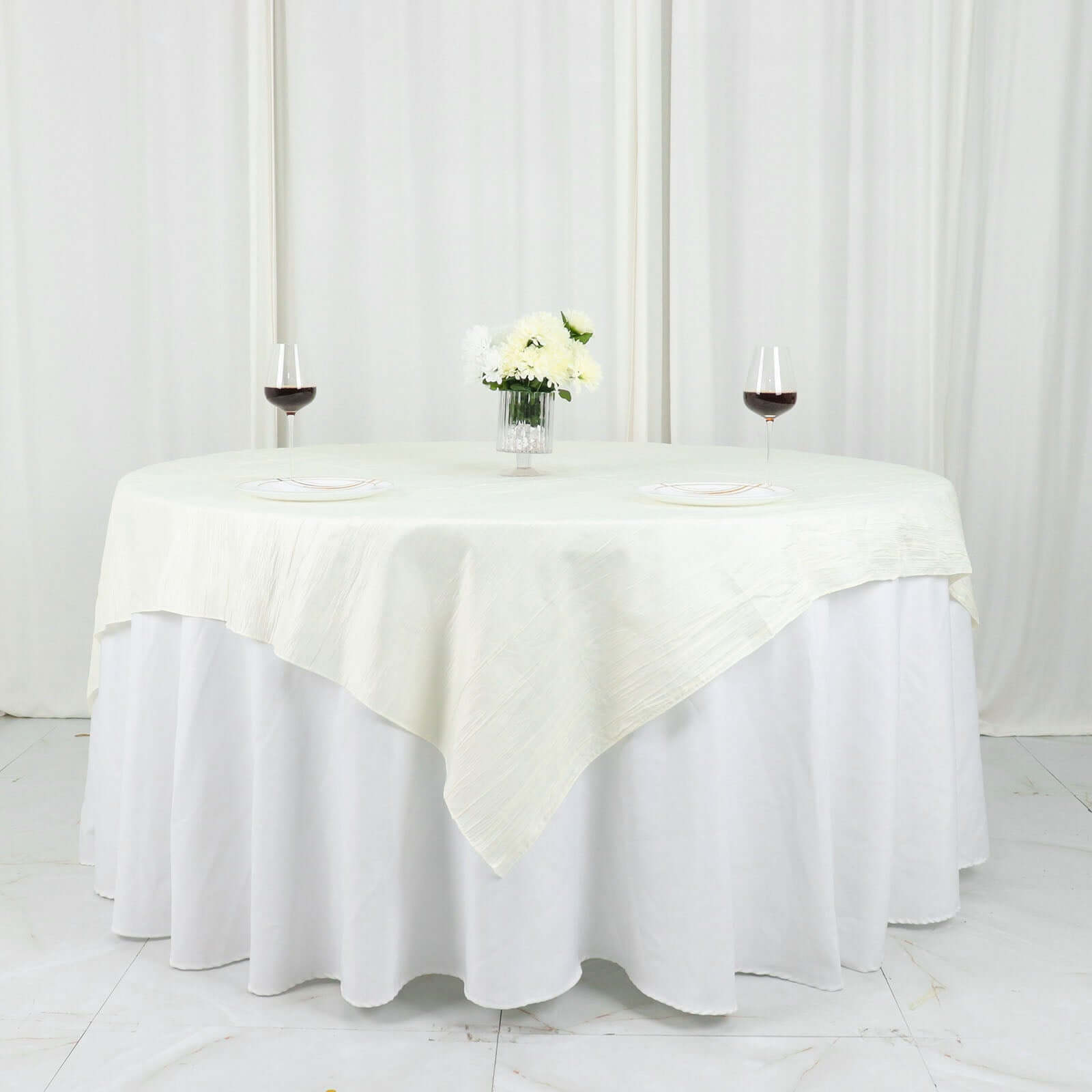 Taffeta 72"x72" Table Overlay Square Tablecloth Ivory - Accordion Crinkle Table Cover - Bell Racket Store
