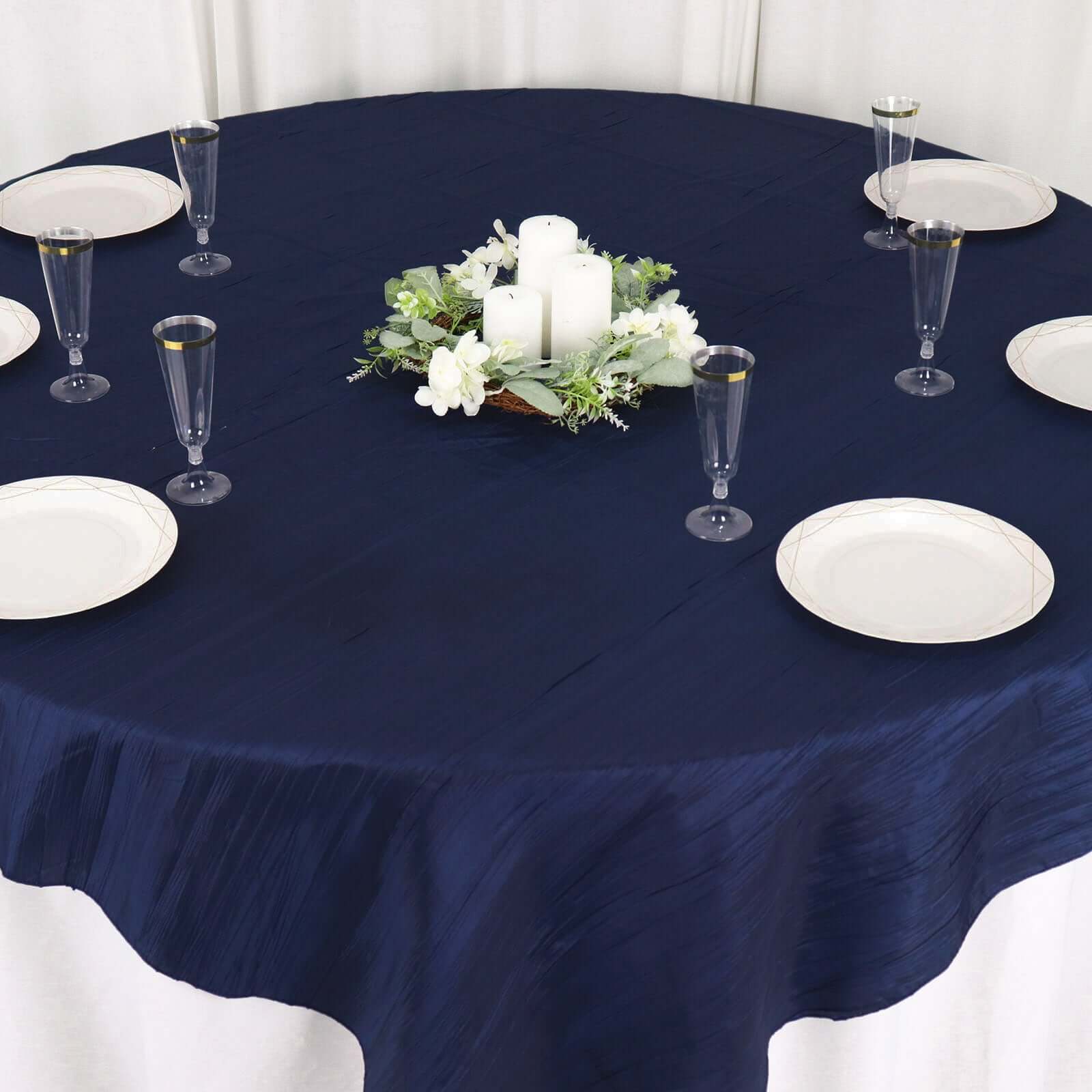 Taffeta 72"x72" Table Overlay Square Tablecloth Navy Blue - Accordion Crinkle Table Cover - Bell Racket Store