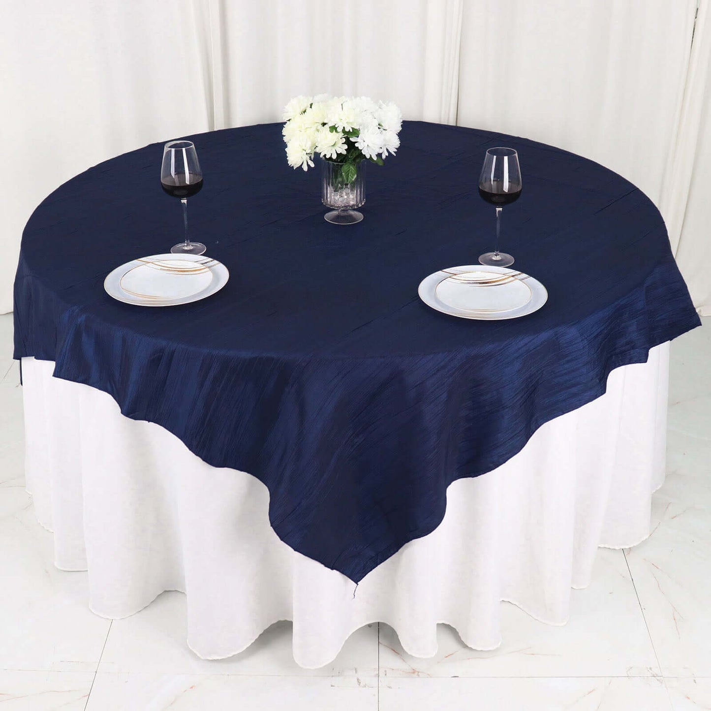 Taffeta 72"x72" Table Overlay Square Tablecloth Navy Blue - Accordion Crinkle Table Cover - Bell Racket Store