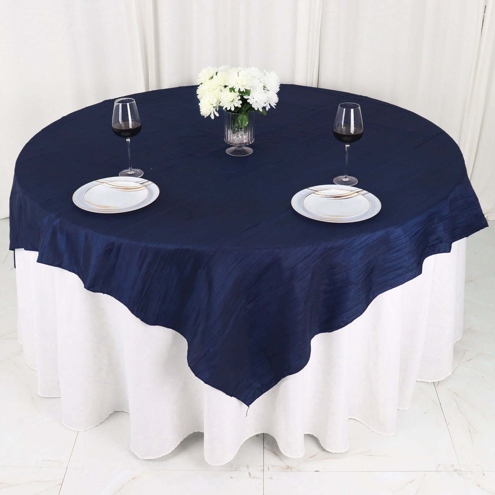 Taffeta 72"x72" Table Overlay Square Tablecloth Navy Blue - Accordion Crinkle Table Cover - Bell Racket Store