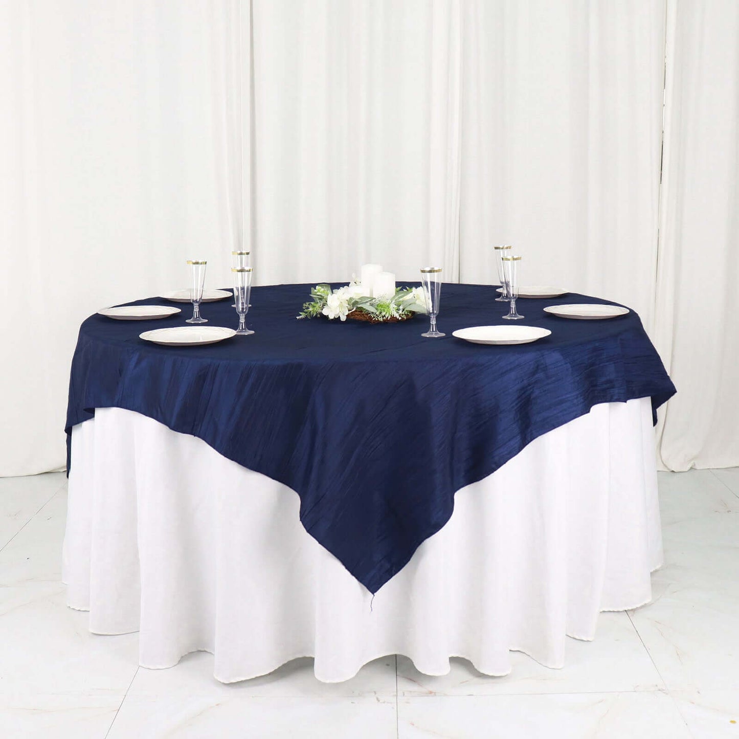 Taffeta 72"x72" Table Overlay Square Tablecloth Navy Blue - Accordion Crinkle Table Cover - Bell Racket Store