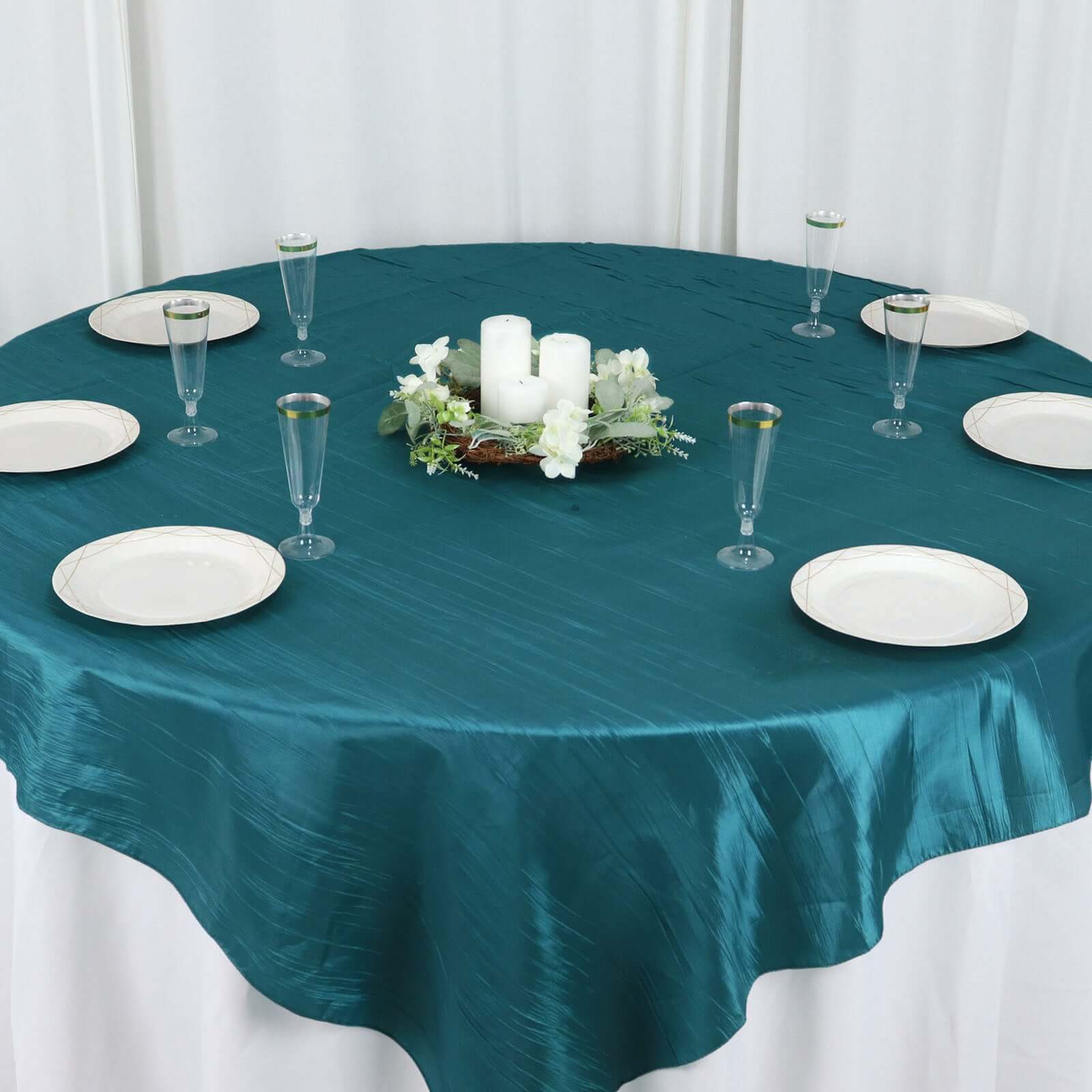 Taffeta 72"x72" Table Overlay Square Tablecloth Peacock Teal - Accordion Crinkle Table Cover - Bell Racket Store
