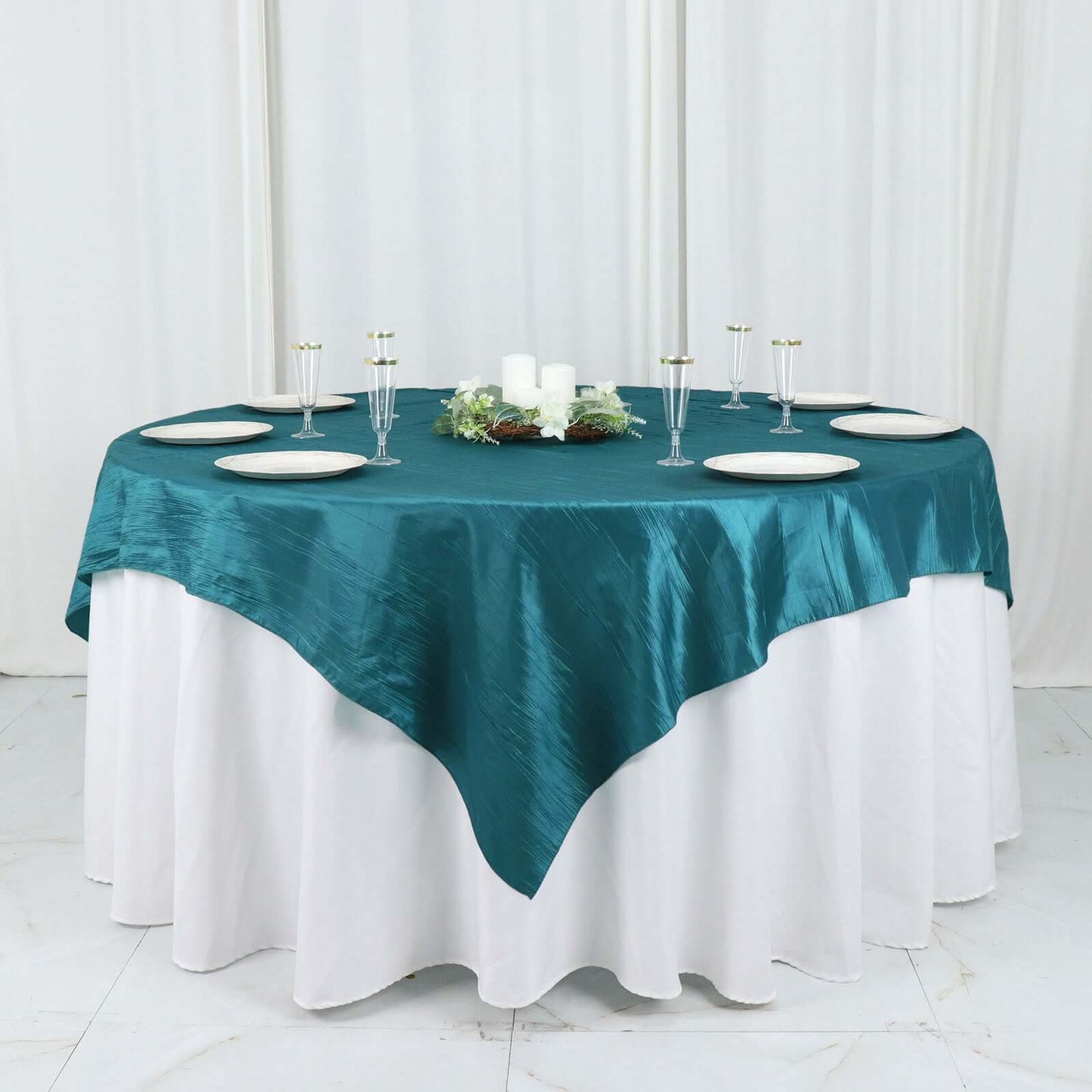 Taffeta 72"x72" Table Overlay Square Tablecloth Peacock Teal - Accordion Crinkle Table Cover - Bell Racket Store