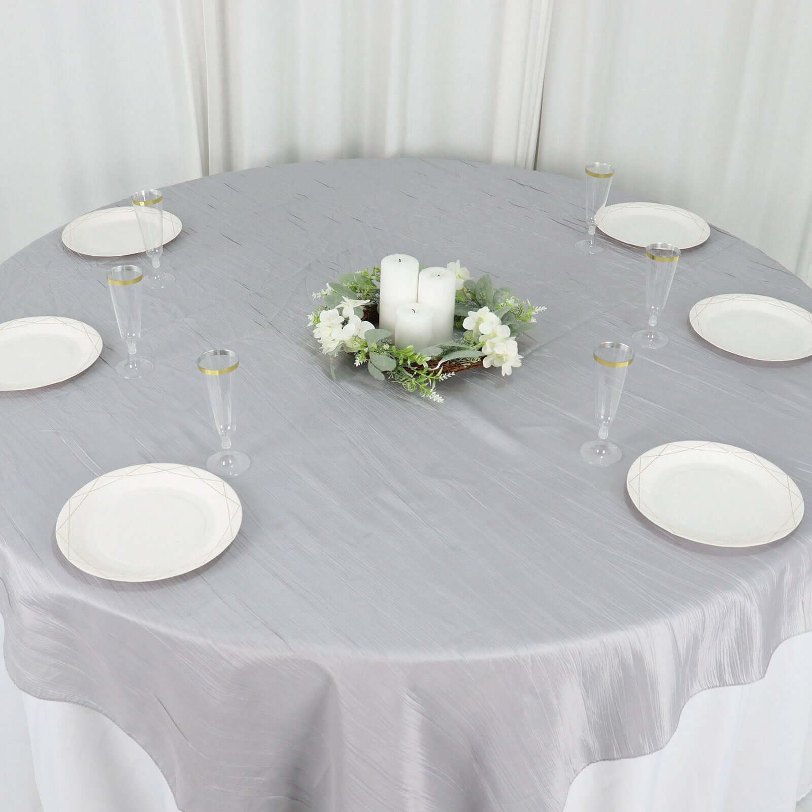 Taffeta 72"x72" Table Overlay Square Tablecloth Silver - Accordion Crinkle Table Cover - Bell Racket Store
