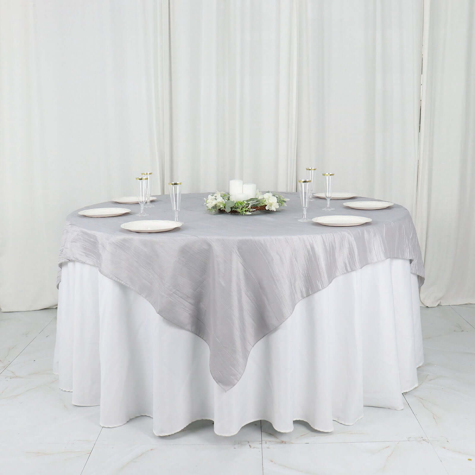 Taffeta 72"x72" Table Overlay Square Tablecloth Silver - Accordion Crinkle Table Cover - Bell Racket Store