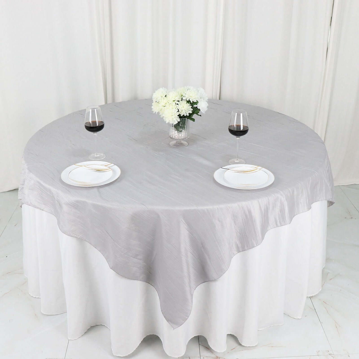 Taffeta 72"x72" Table Overlay Square Tablecloth Silver - Accordion Crinkle Table Cover - Bell Racket Store