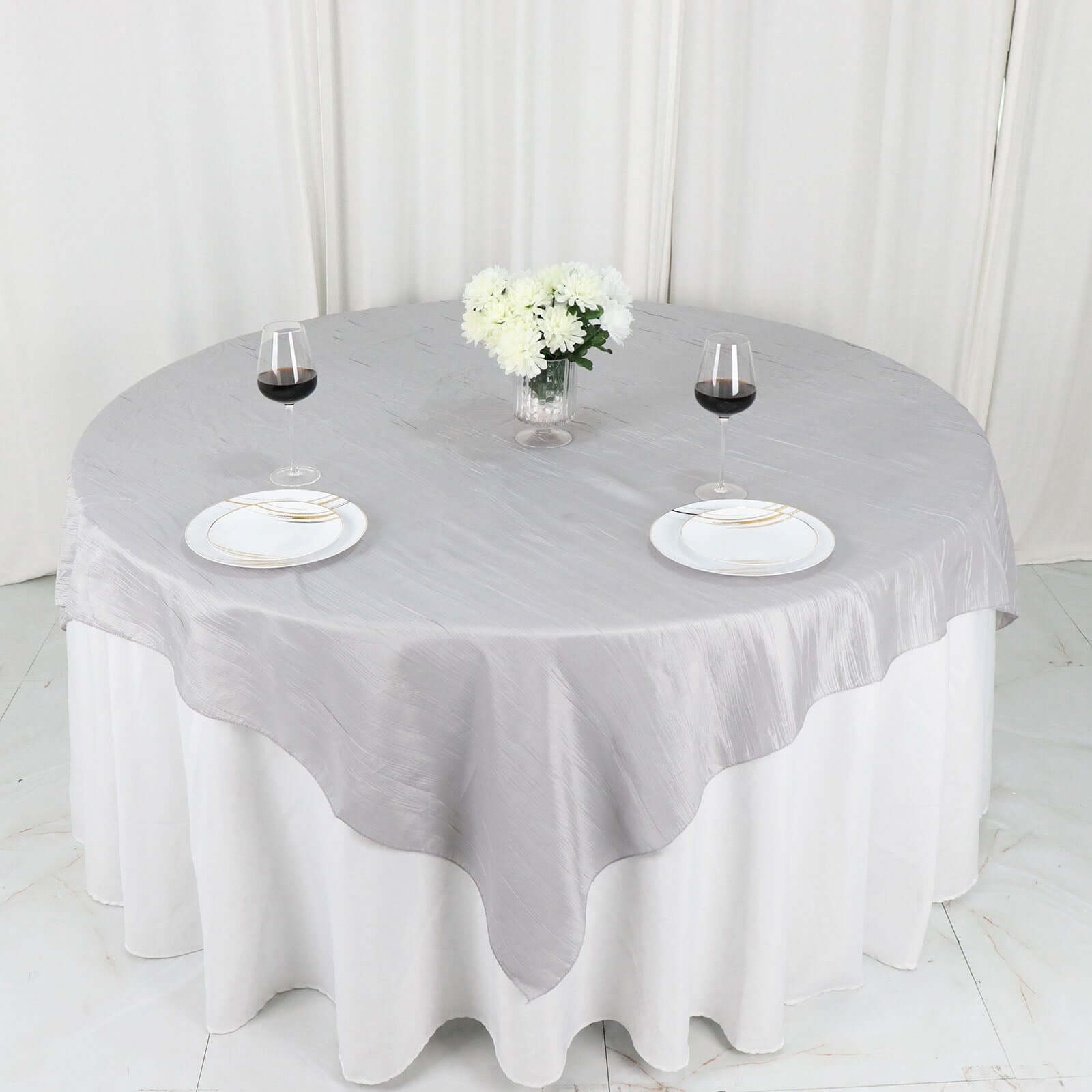 Taffeta 72"x72" Table Overlay Square Tablecloth Silver - Accordion Crinkle Table Cover - Bell Racket Store