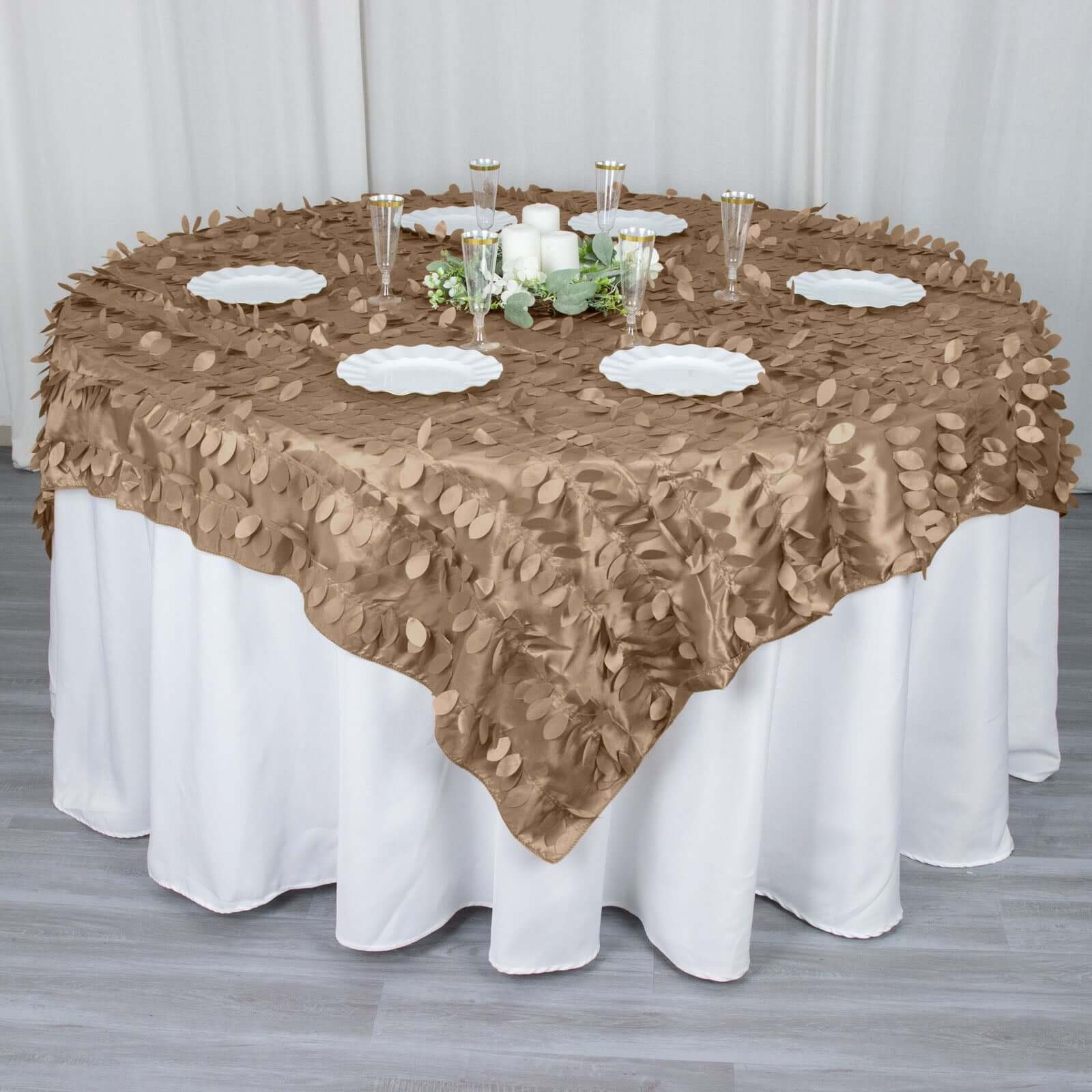 Taffeta 72"x72" Table Overlay Square Tablecloth Taupe - 3D Leaf Petal Table Cover - Bell Racket Store