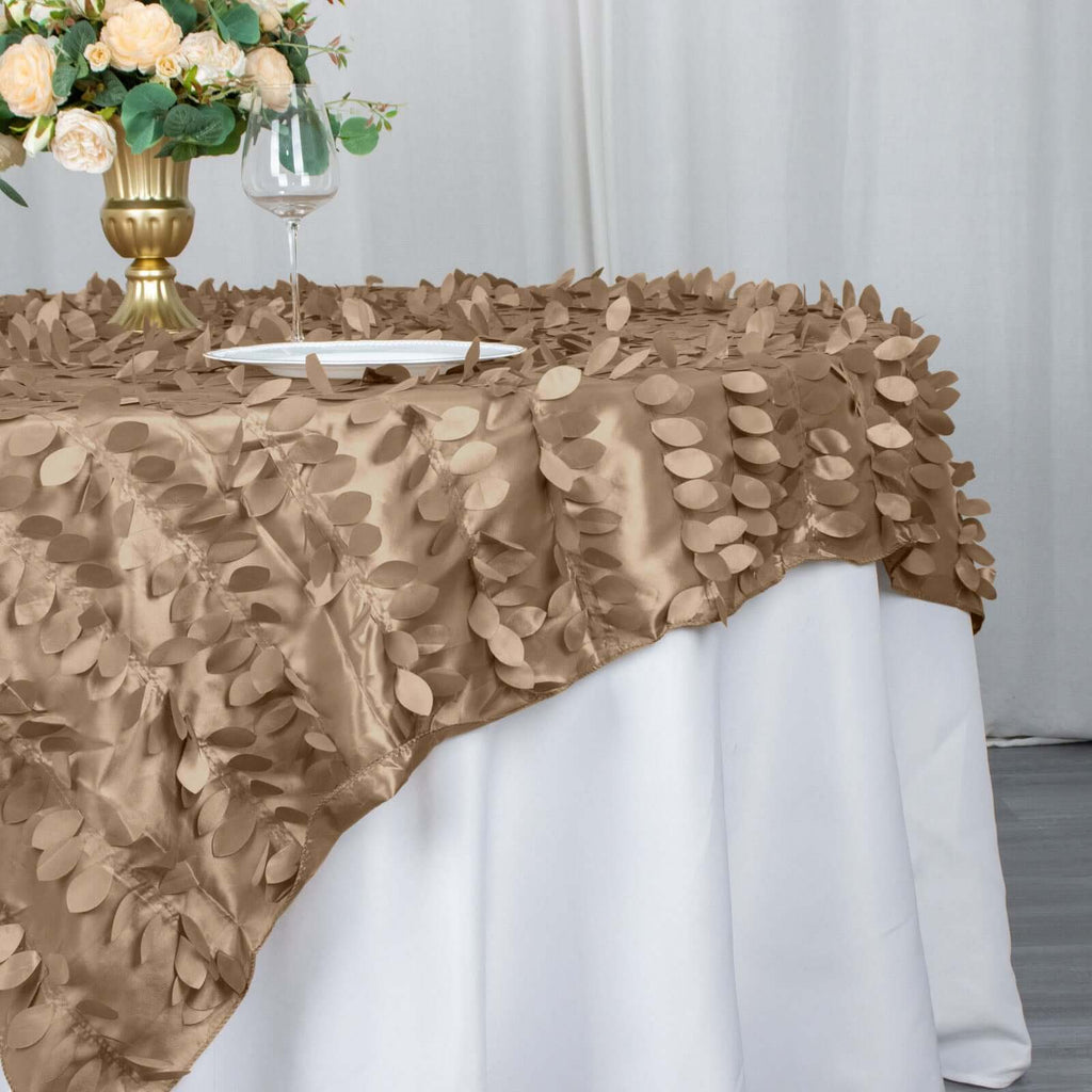 Taffeta 72"x72" Table Overlay Square Tablecloth Taupe - 3D Leaf Petal Table Cover - Bell Racket Store