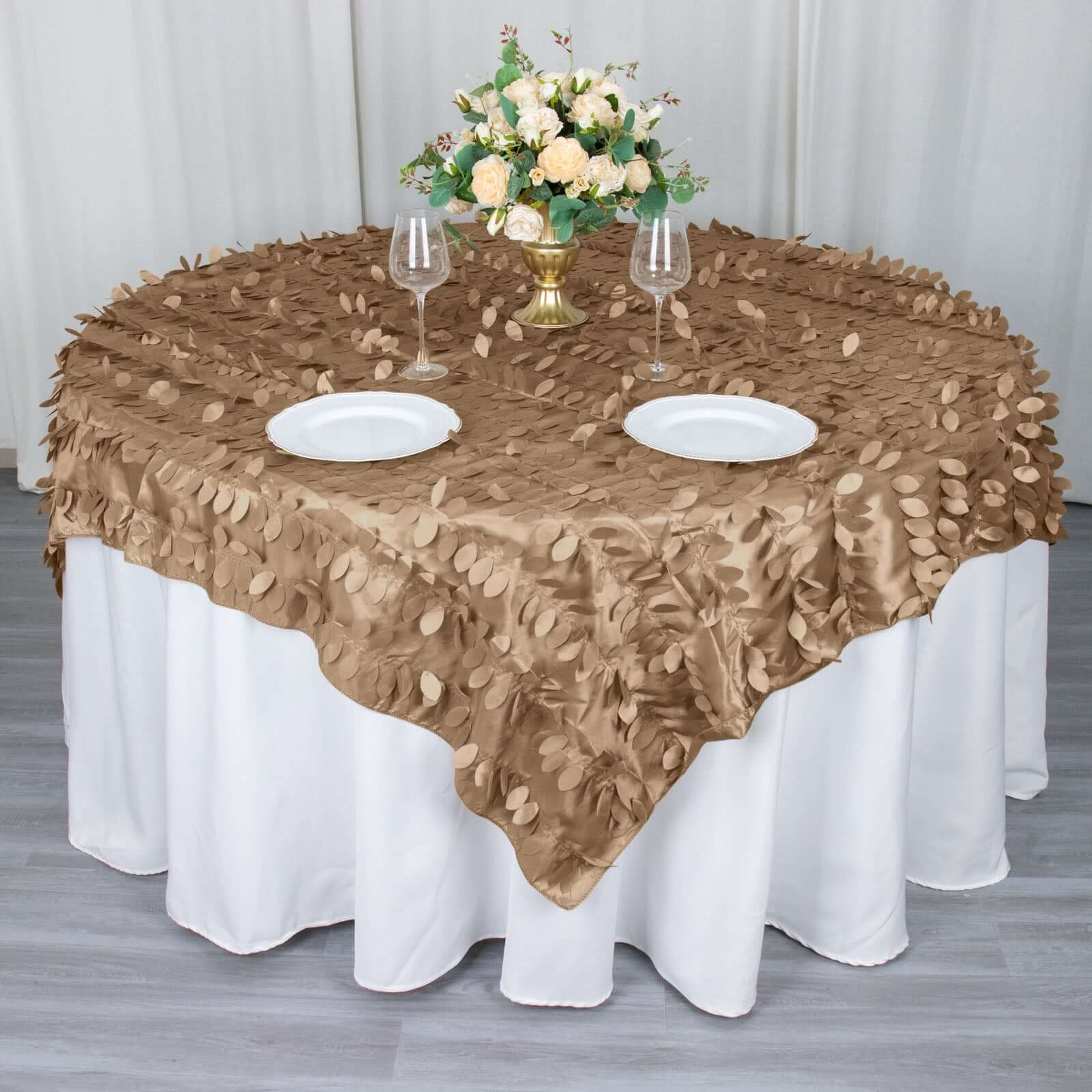 Taffeta 72"x72" Table Overlay Square Tablecloth Taupe - 3D Leaf Petal Table Cover - Bell Racket Store
