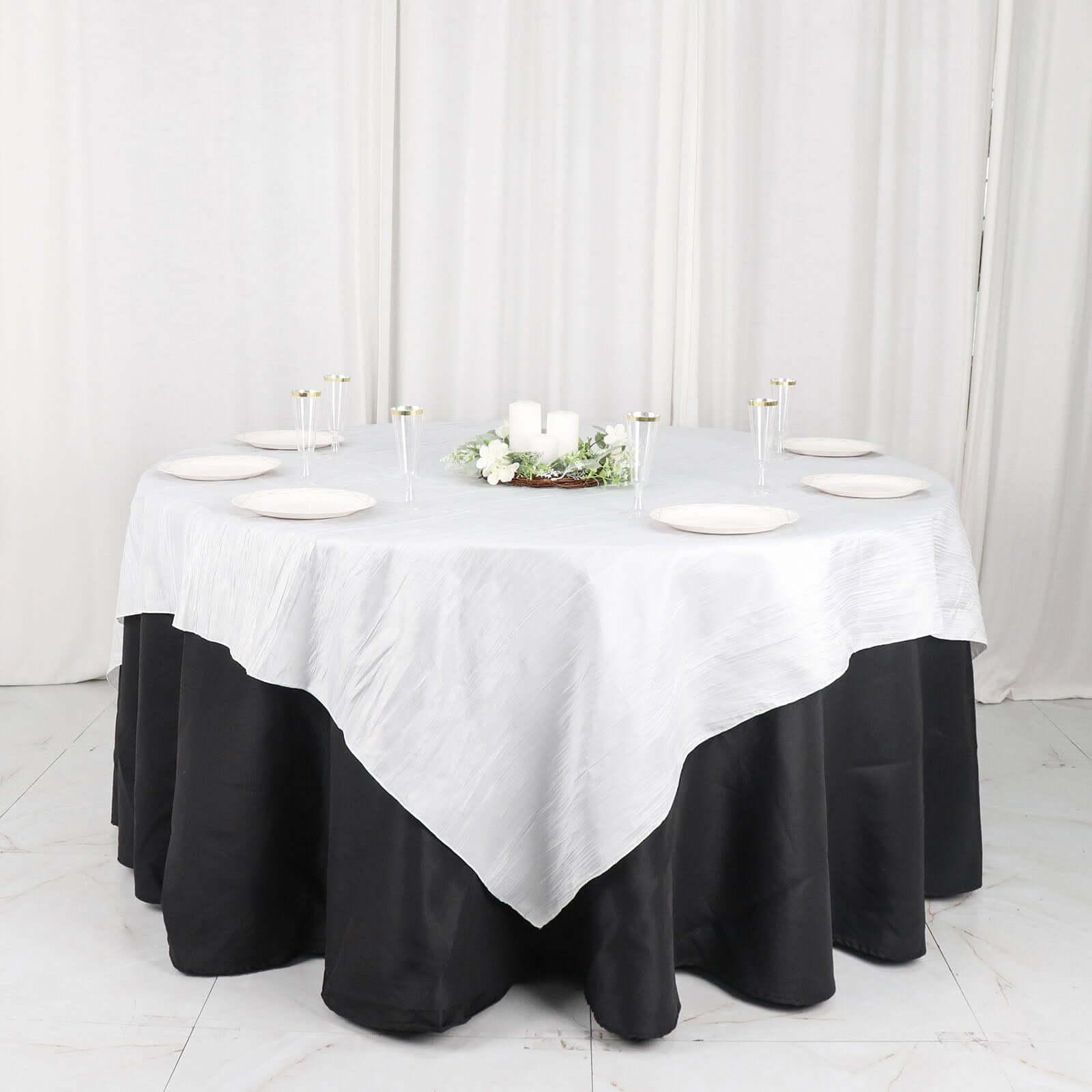 Taffeta 72"x72" Table Overlay Square Tablecloth White - Accordion Crinkle Design for Stylish Events - Bell Racket Store