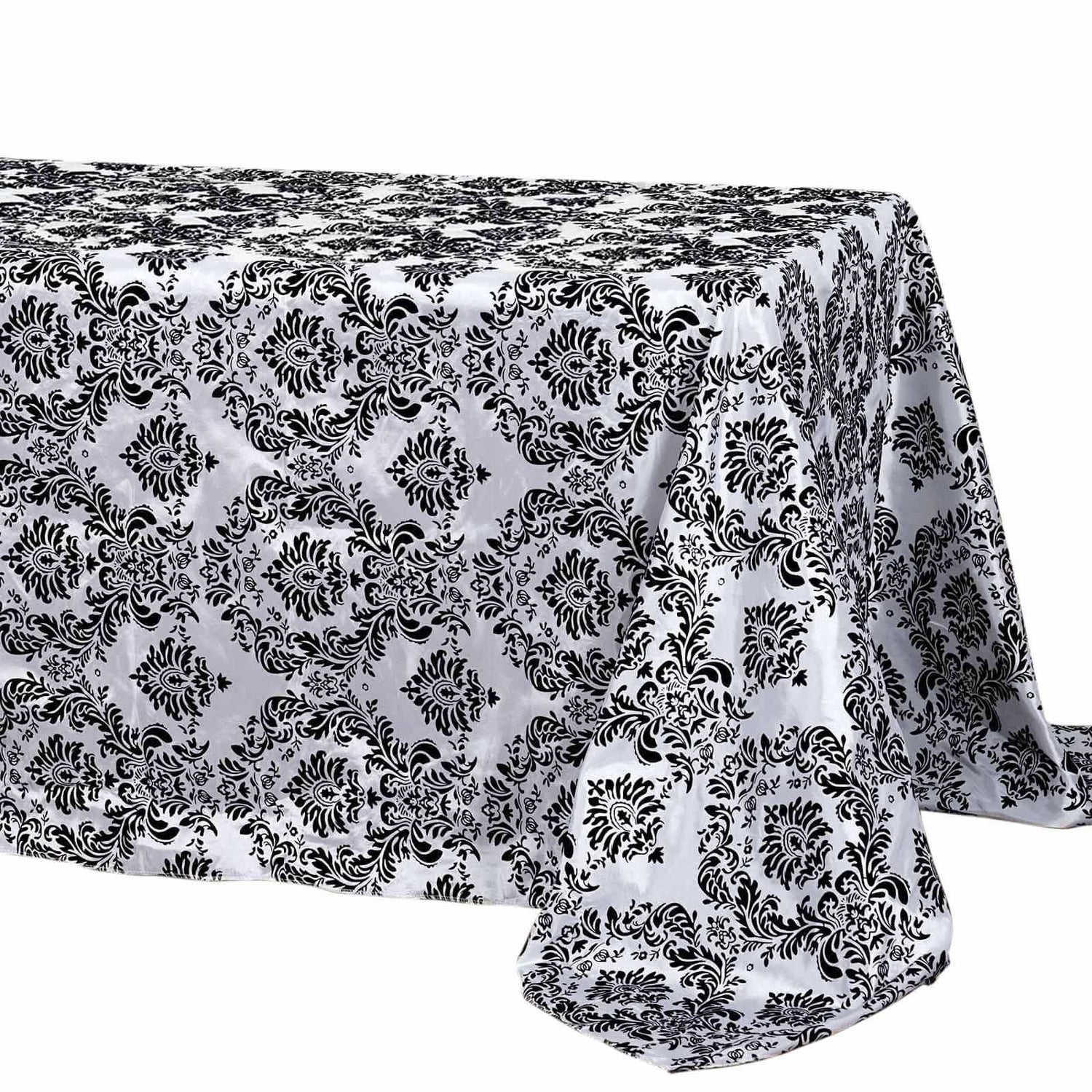 Taffeta 90"x132" Rectangle Tablecloth Black - Seamless Velvet Flocking Damask Design for Upscale Events - NestOCart