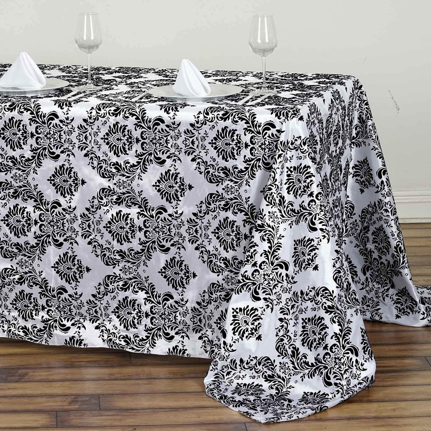 Taffeta 90"x132" Rectangle Tablecloth Black - Seamless Velvet Flocking Damask Design for Upscale Events - NestOCart