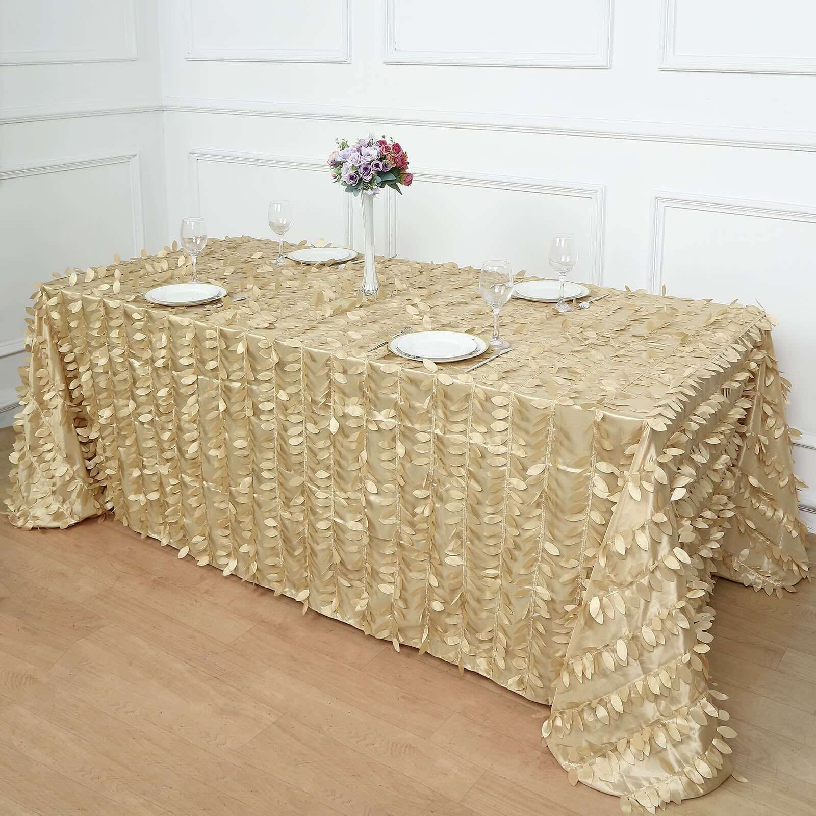 Taffeta 90"x132" Rectangle Tablecloth Champagne | 3D Leaf Petal Design Seamless Table Cover - Bell Racket Store