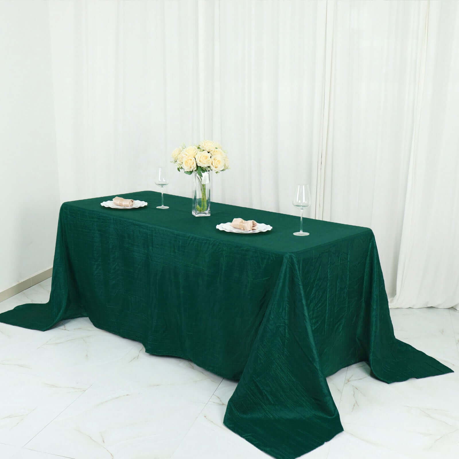 Taffeta 90"x132" Rectangle Tablecloth Hunter Emerald Green - Seamless Accordion Crinkle Table Cover - Bell Racket Store