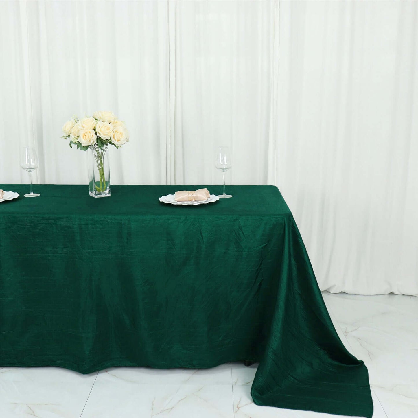 Taffeta 90"x132" Rectangle Tablecloth Hunter Emerald Green - Seamless Accordion Crinkle Table Cover - Bell Racket Store