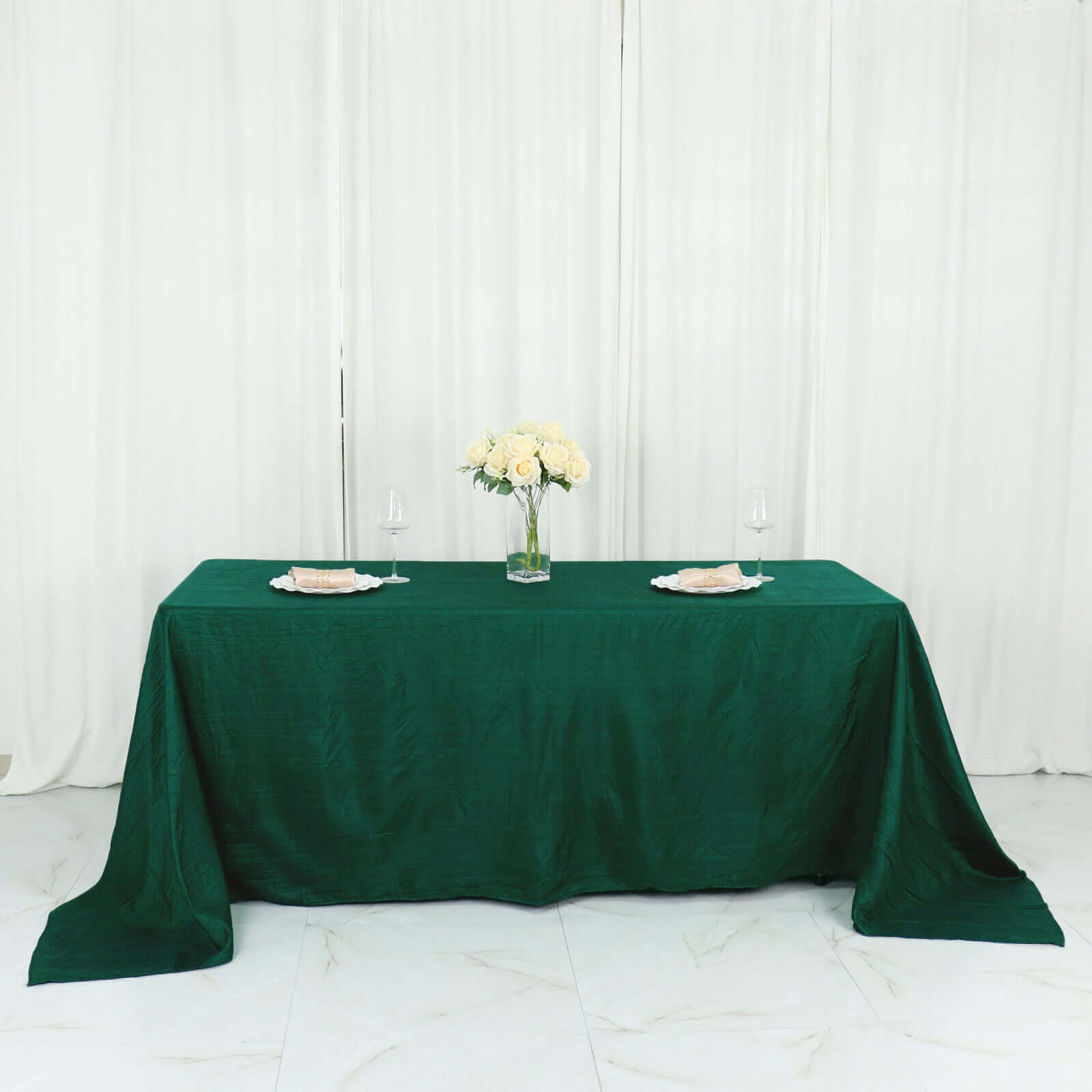 Taffeta 90"x132" Rectangle Tablecloth Hunter Emerald Green - Seamless Accordion Crinkle Table Cover - Bell Racket Store