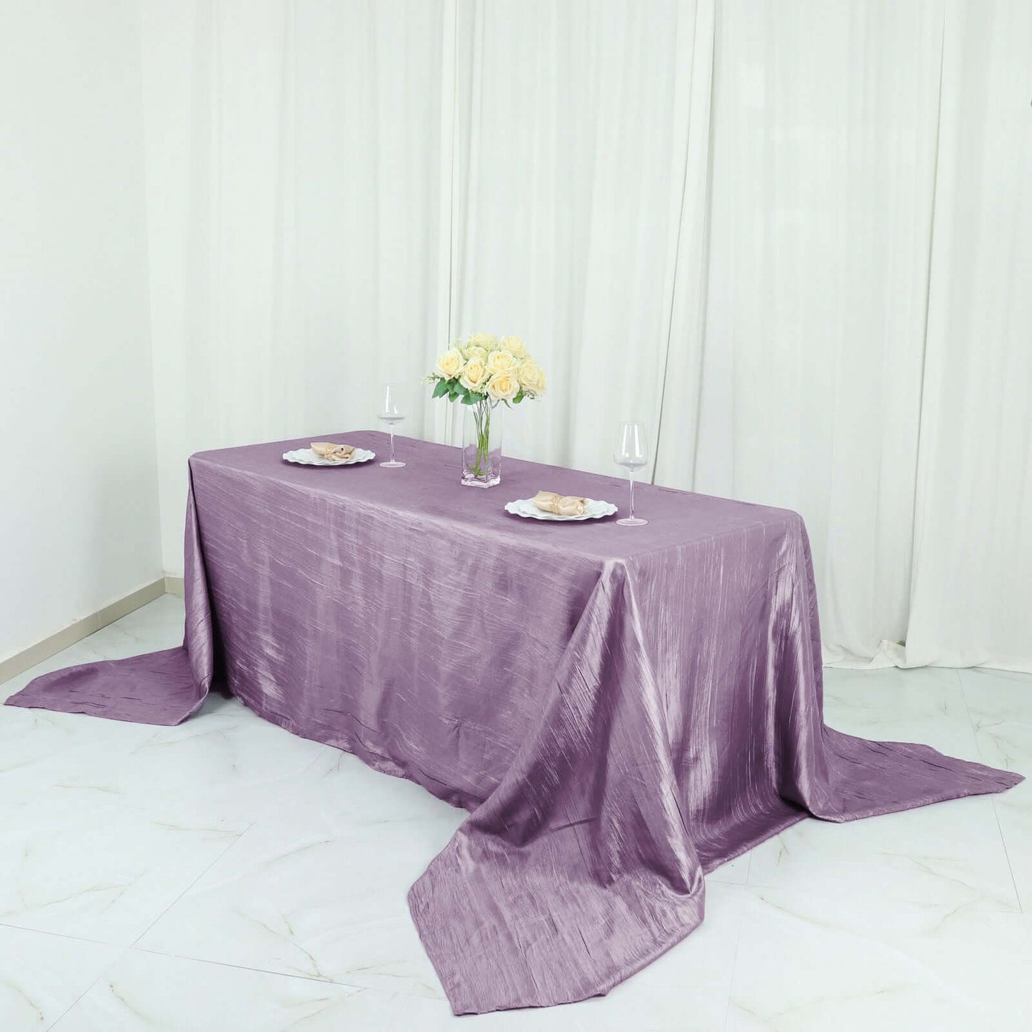 Taffeta 90"x132" Rectangle Tablecloth Violet Amethyst - Seamless Accordion Crinkle Table Cover - Bell Racket Store