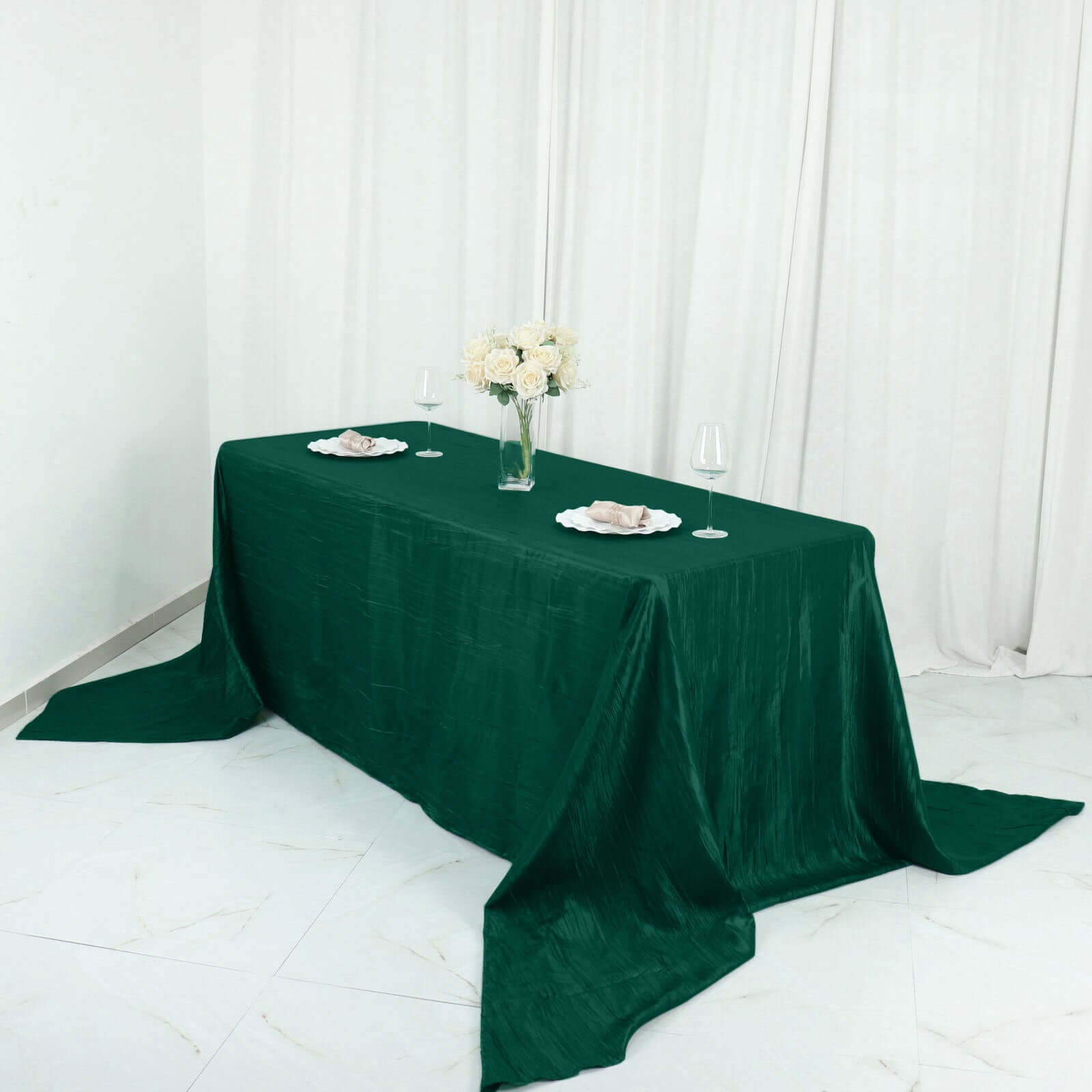 Taffeta 90"x156" Rectangle Tablecloth Hunter Emerald Green - Accordion Crinkle Seamless Table Cover - Bell Racket Store