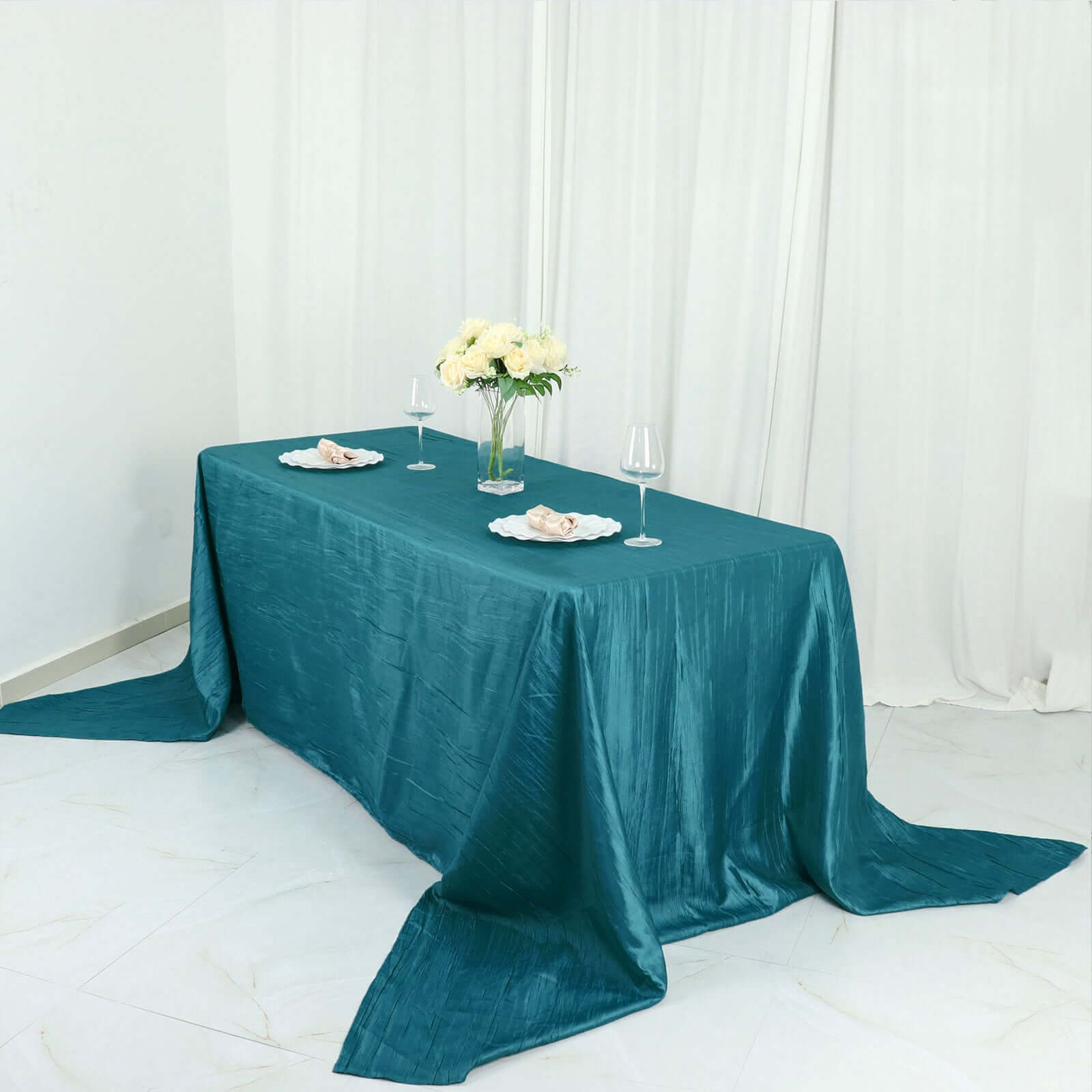 Taffeta 90"x156" Rectangle Tablecloth Teal - Accordion Crinkle Seamless Table Cover - Bell Racket Store