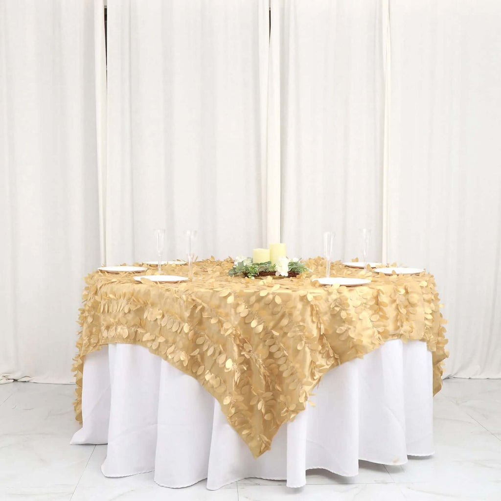 Taffeta 90"x90" Table Overlay Square Tablecloth Champagne - Leaf Petal Design for Stylish Celebrations - Bell Racket Store