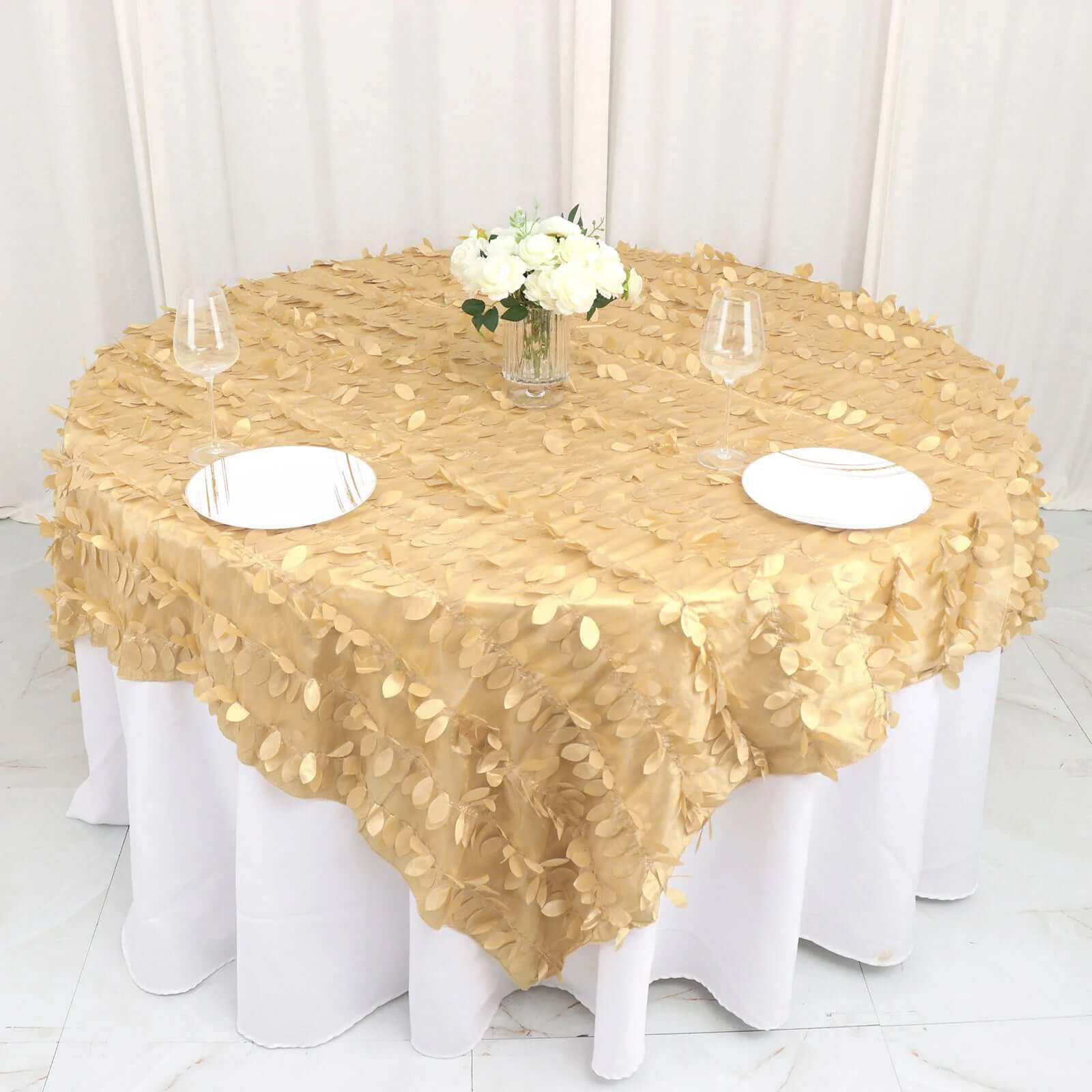 Taffeta 90"x90" Table Overlay Square Tablecloth Champagne - Leaf Petal Design for Stylish Celebrations - Bell Racket Store