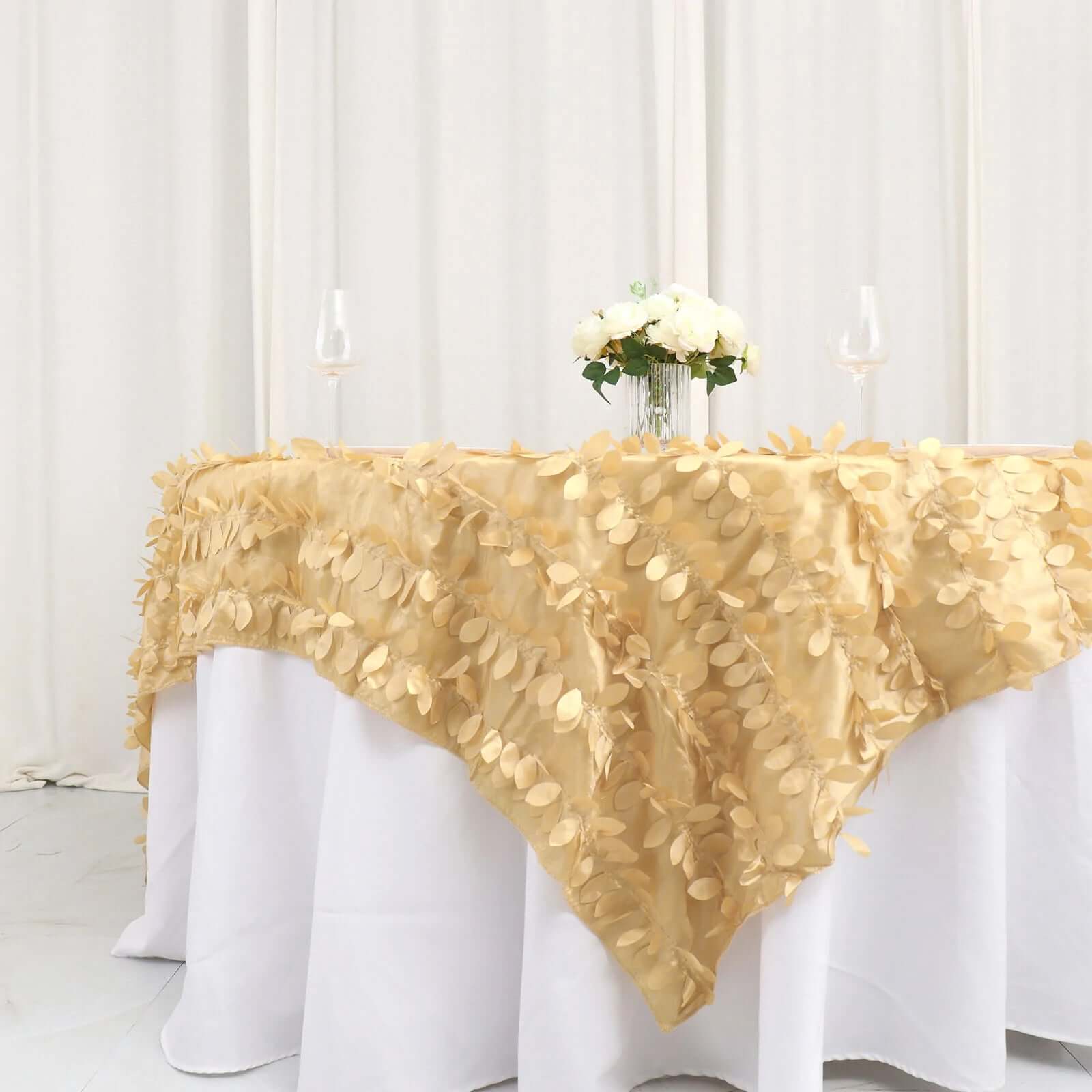 Taffeta 90"x90" Table Overlay Square Tablecloth Champagne - Leaf Petal Design for Stylish Celebrations - Bell Racket Store
