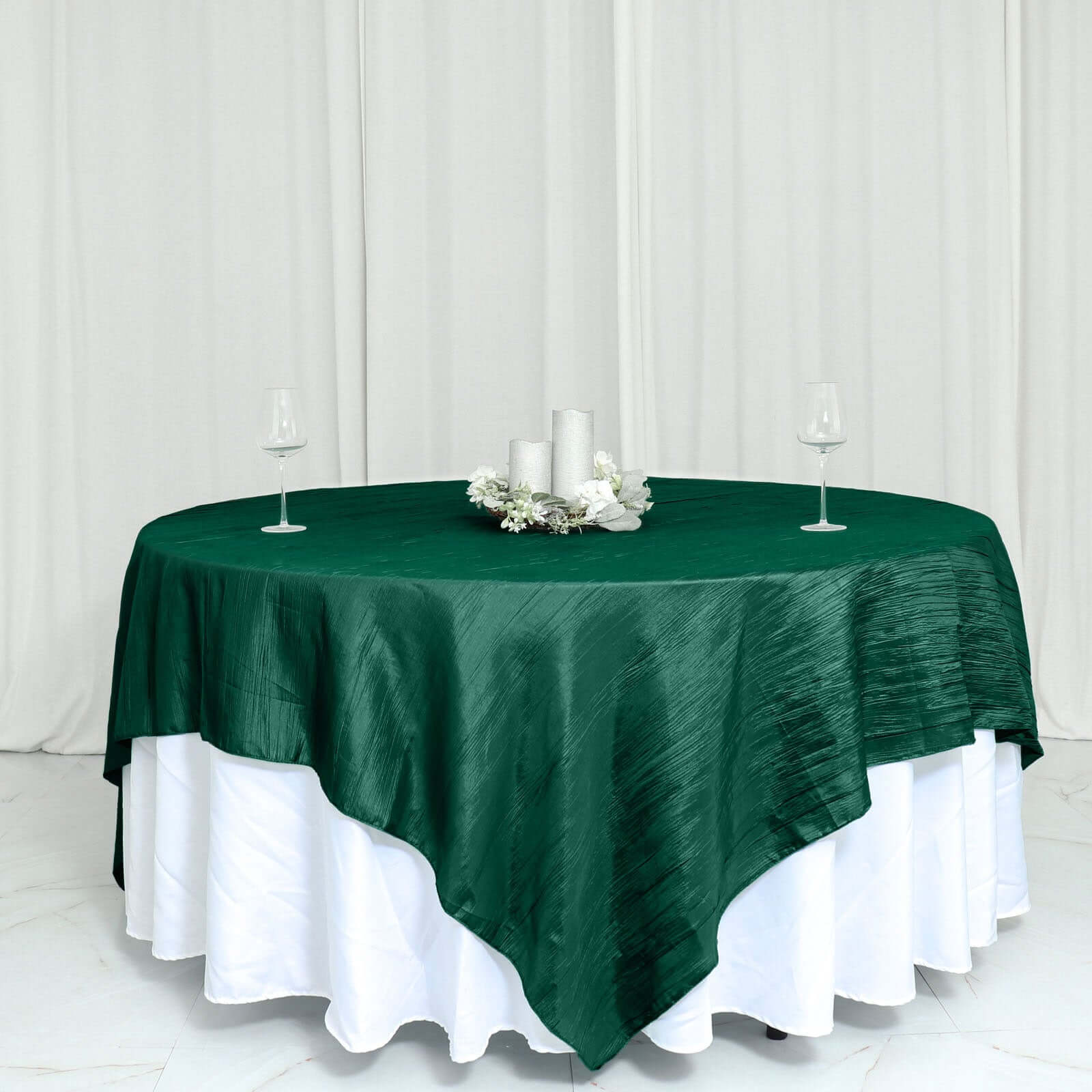Taffeta 90"x90" Table Overlay Square Tablecloth Hunter Emerald Green - Accordion Crinkle Table Cover - Bell Racket Store