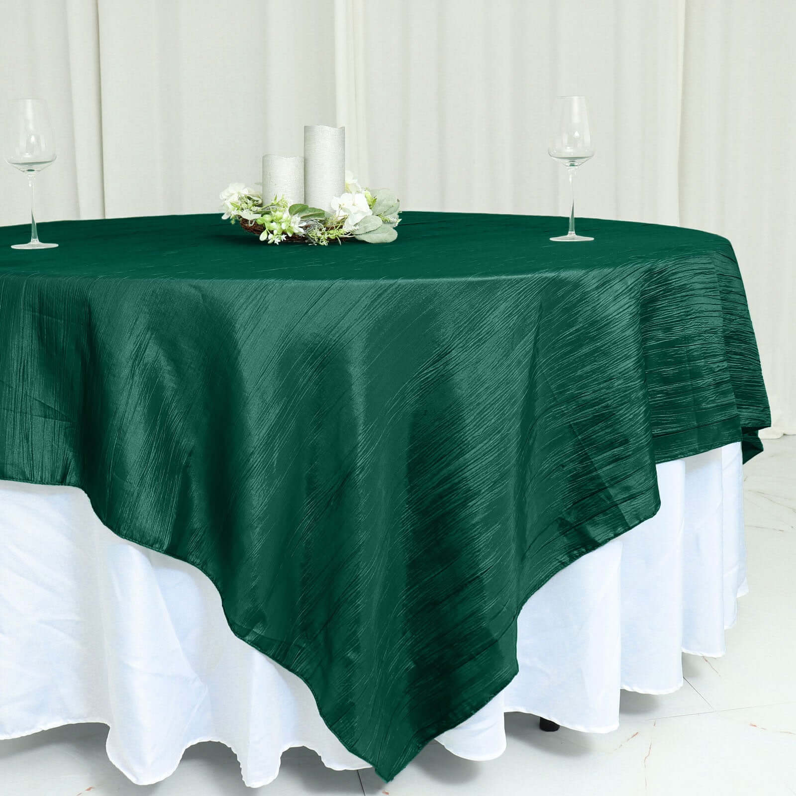 Taffeta 90"x90" Table Overlay Square Tablecloth Hunter Emerald Green - Accordion Crinkle Table Cover - Bell Racket Store