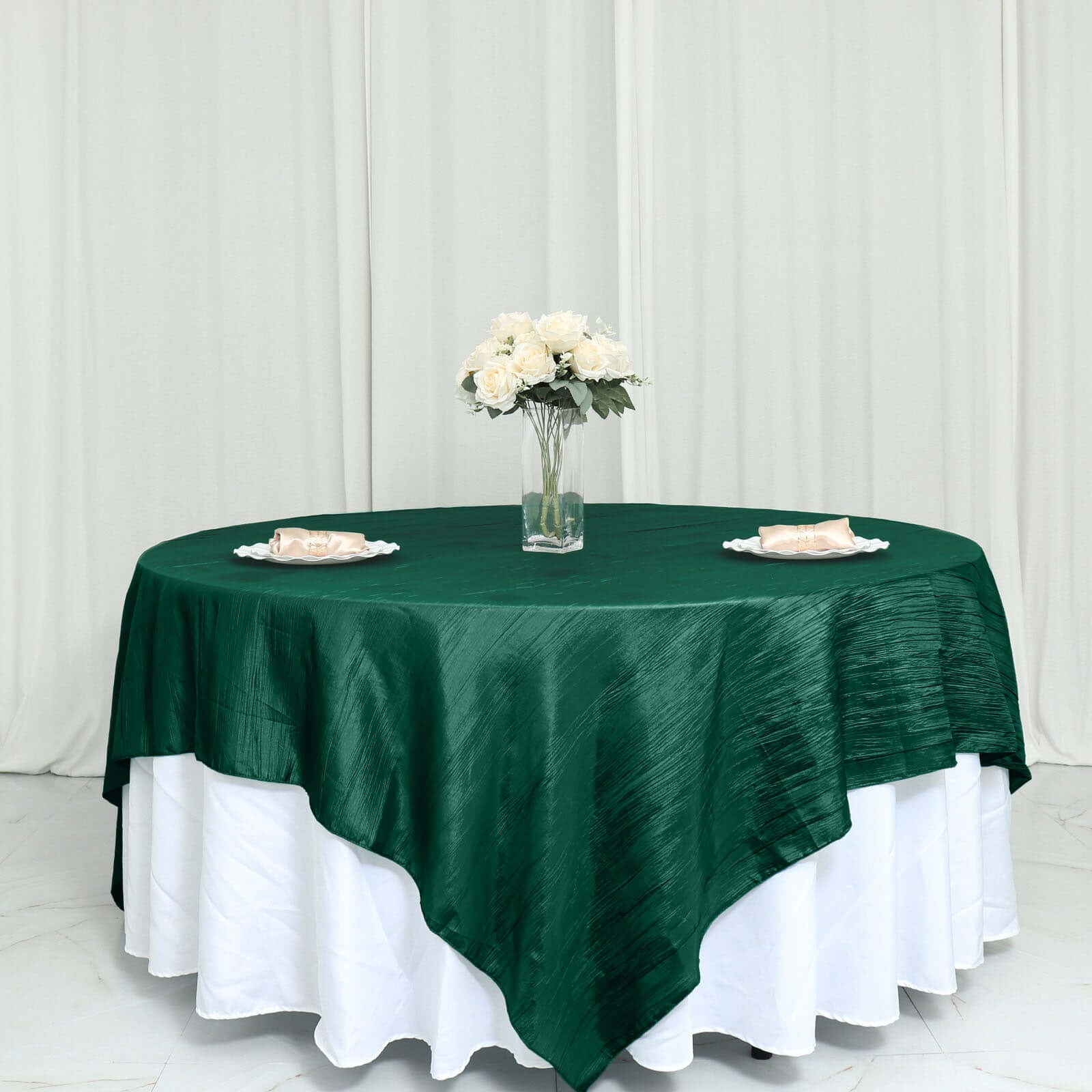 Taffeta 90"x90" Table Overlay Square Tablecloth Hunter Emerald Green - Accordion Crinkle Table Cover - Bell Racket Store