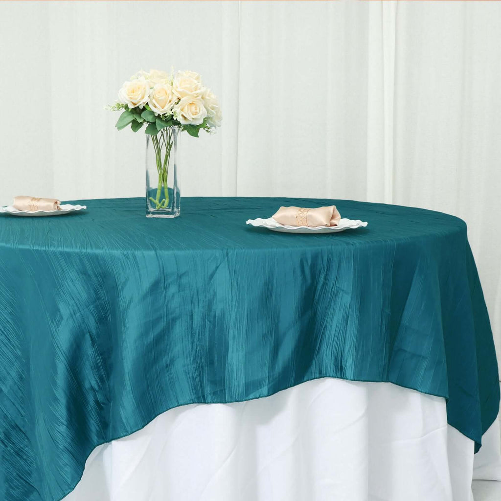 Taffeta 90"x90" Table Overlay Square Tablecloth Peacock Teal - Accordion Crinkle Table Cover - Bell Racket Store