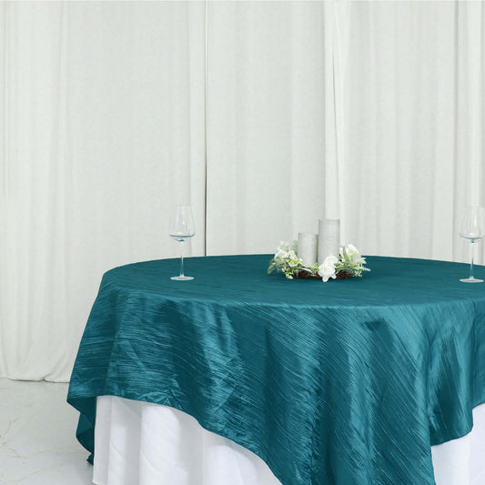 Taffeta 90"x90" Table Overlay Square Tablecloth Peacock Teal - Accordion Crinkle Table Cover - Bell Racket Store