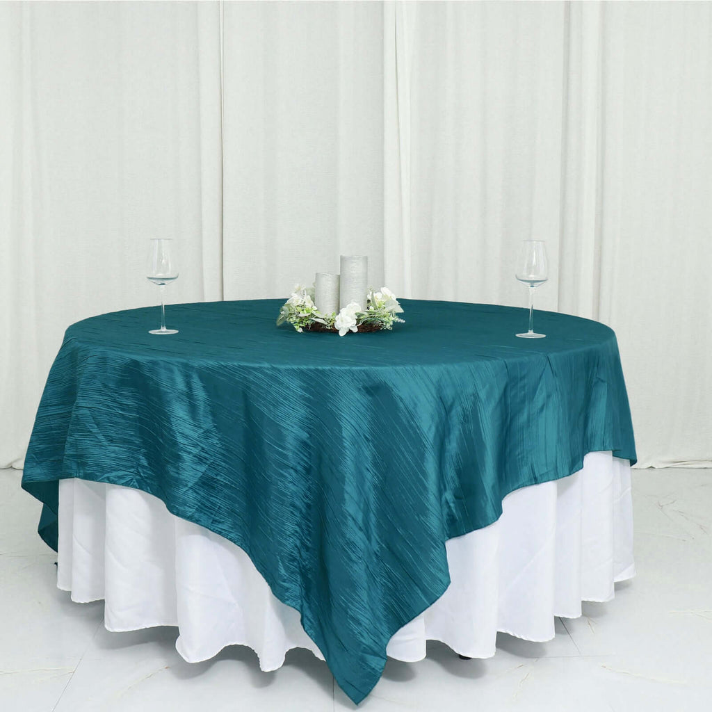 Taffeta 90"x90" Table Overlay Square Tablecloth Peacock Teal - Accordion Crinkle Table Cover - Bell Racket Store