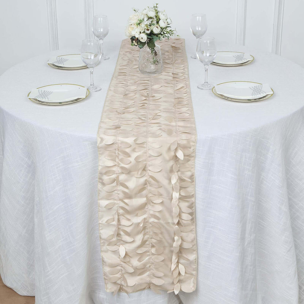 Taffeta Fabric 12"x108" Table Runner Beige - 3D Leaf Petal Design