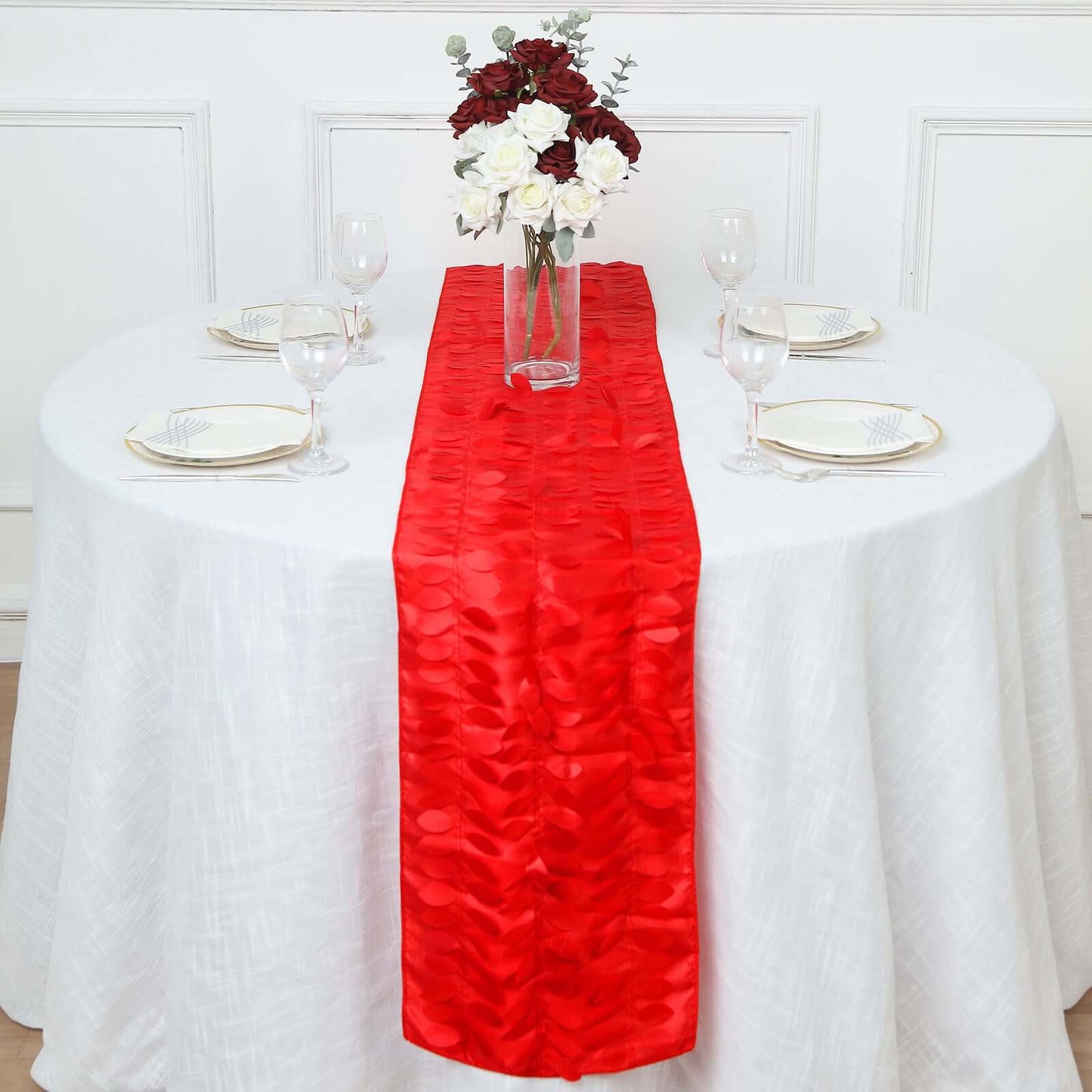 Taffeta Fabric 12"x108" Table Runner Red - 3D Leaf Petal Design