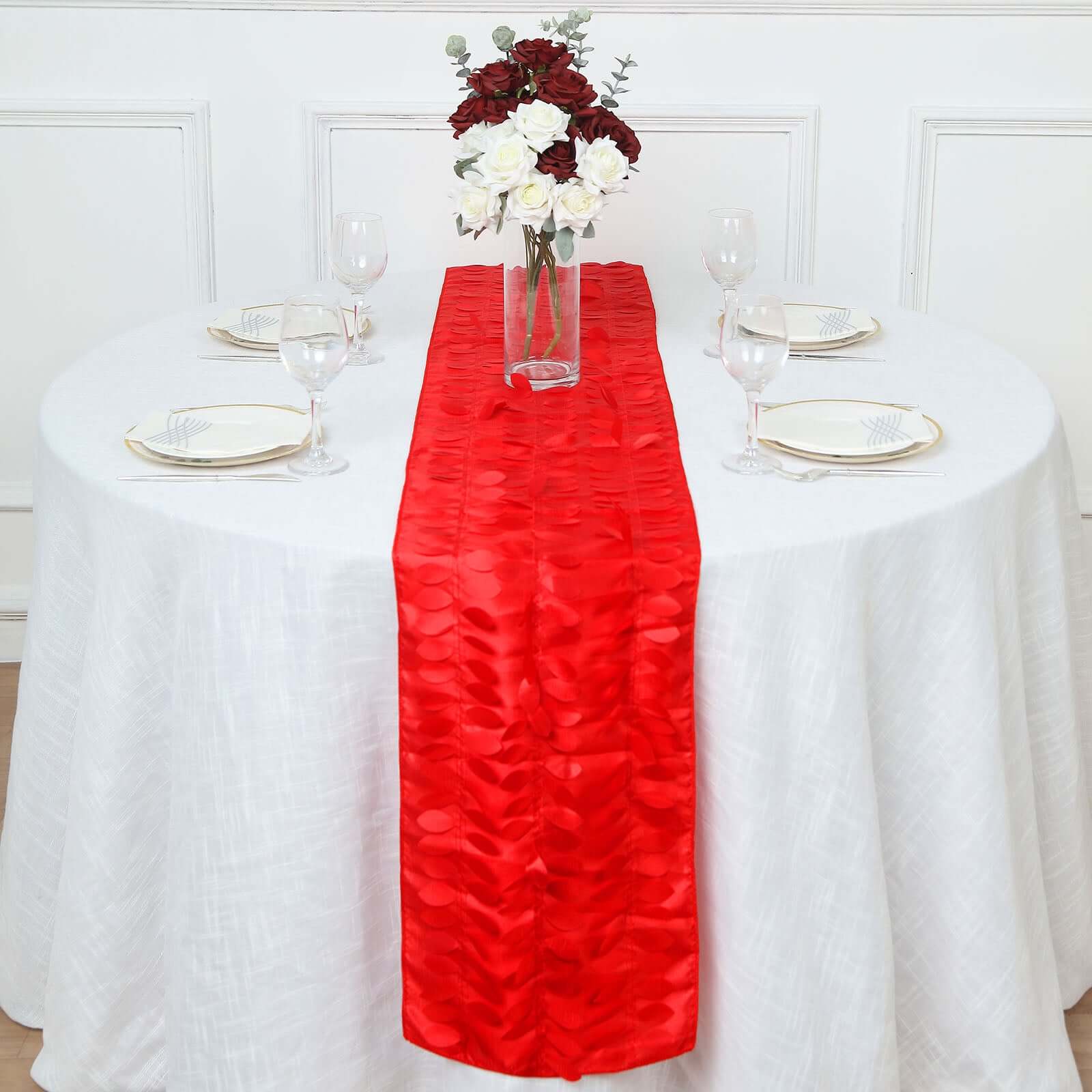 Taffeta Fabric 12"x108" Table Runner Red - 3D Leaf Petal Design