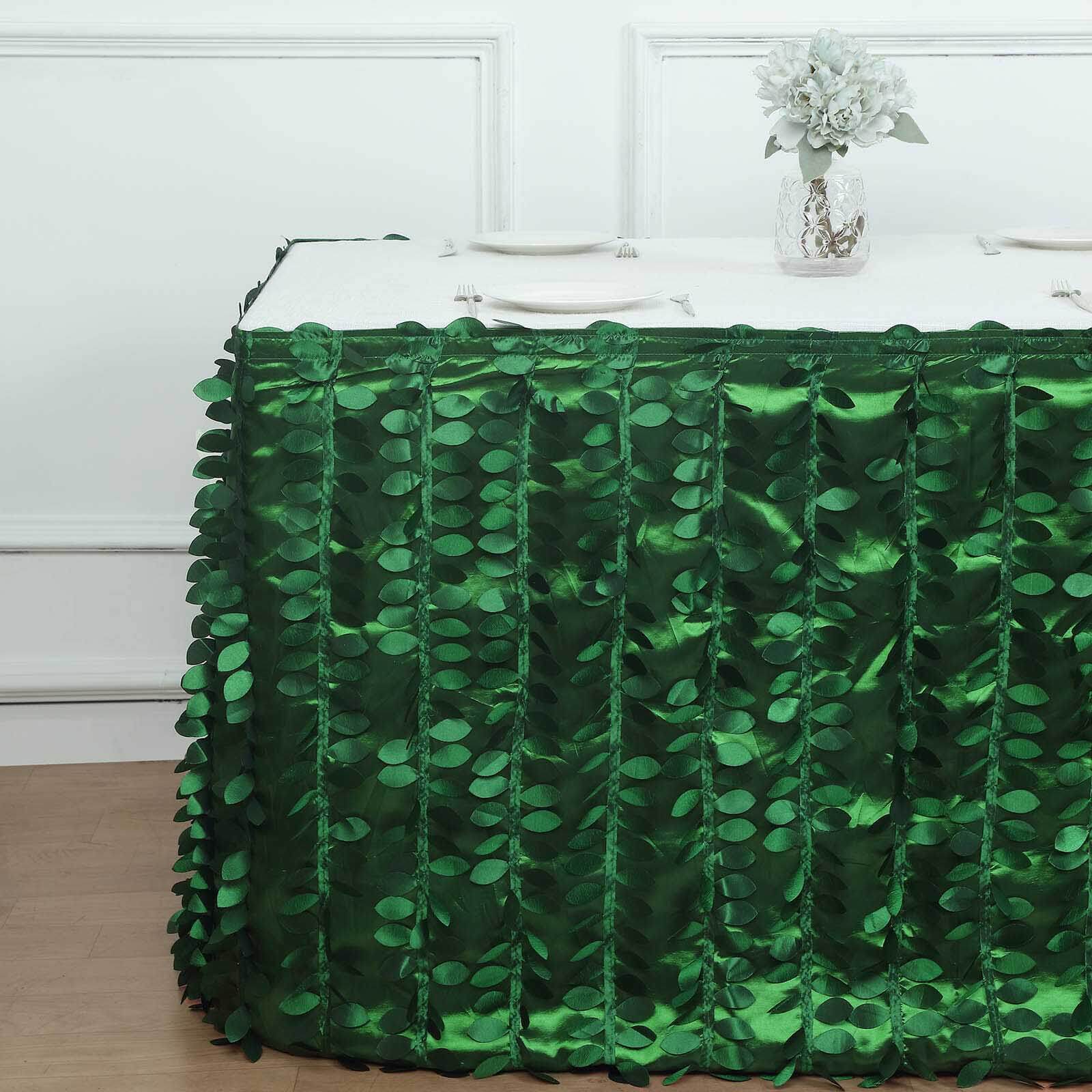 Taffeta Fabric 14ft Table Skirt Green 3D Leaf Petal Design - Exquisite & Stylish Event Table Cover - Bell Racket Store
