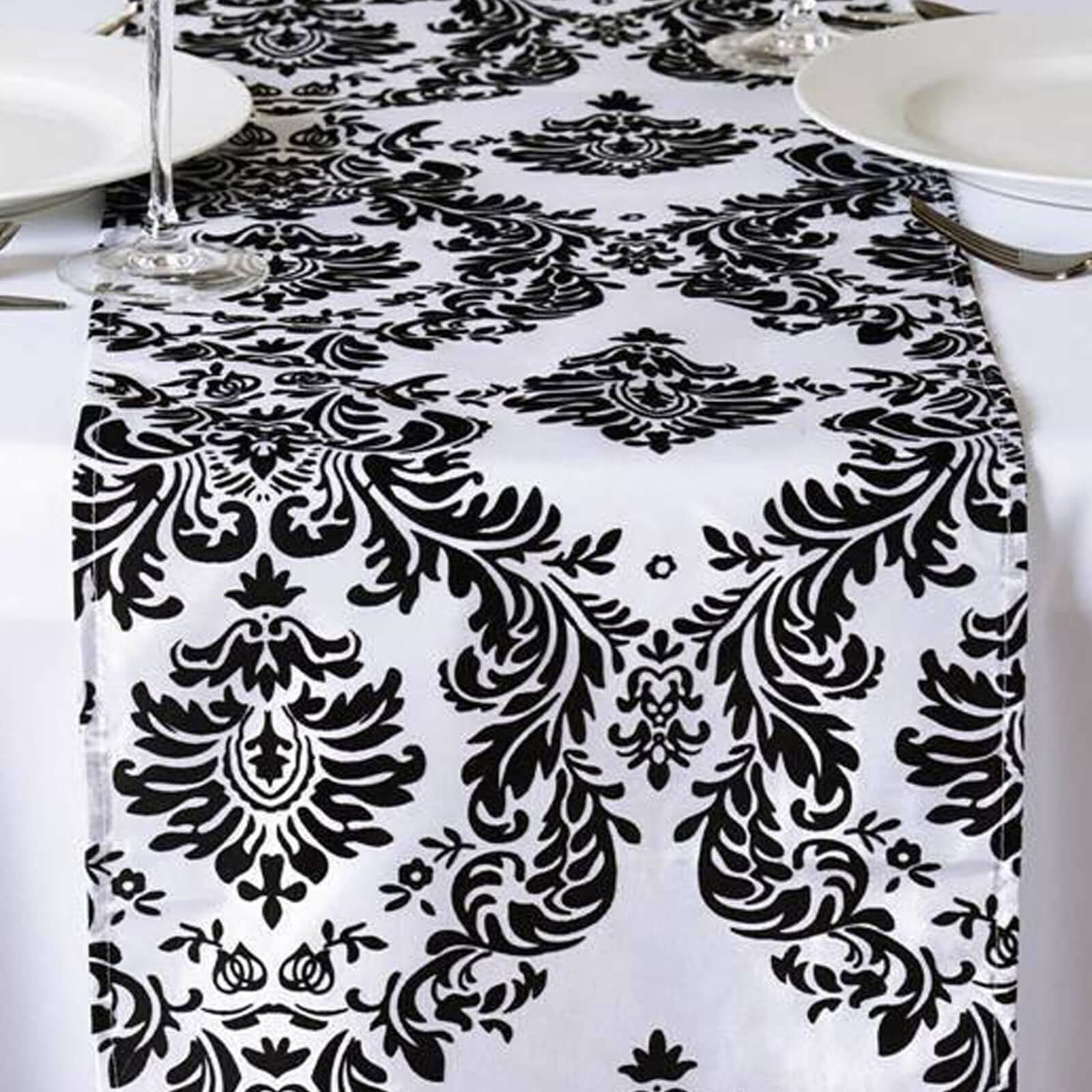 Taffeta Flocking 12"x108" Table Runner Black Damask - Stylish Table Accent - NestOCart