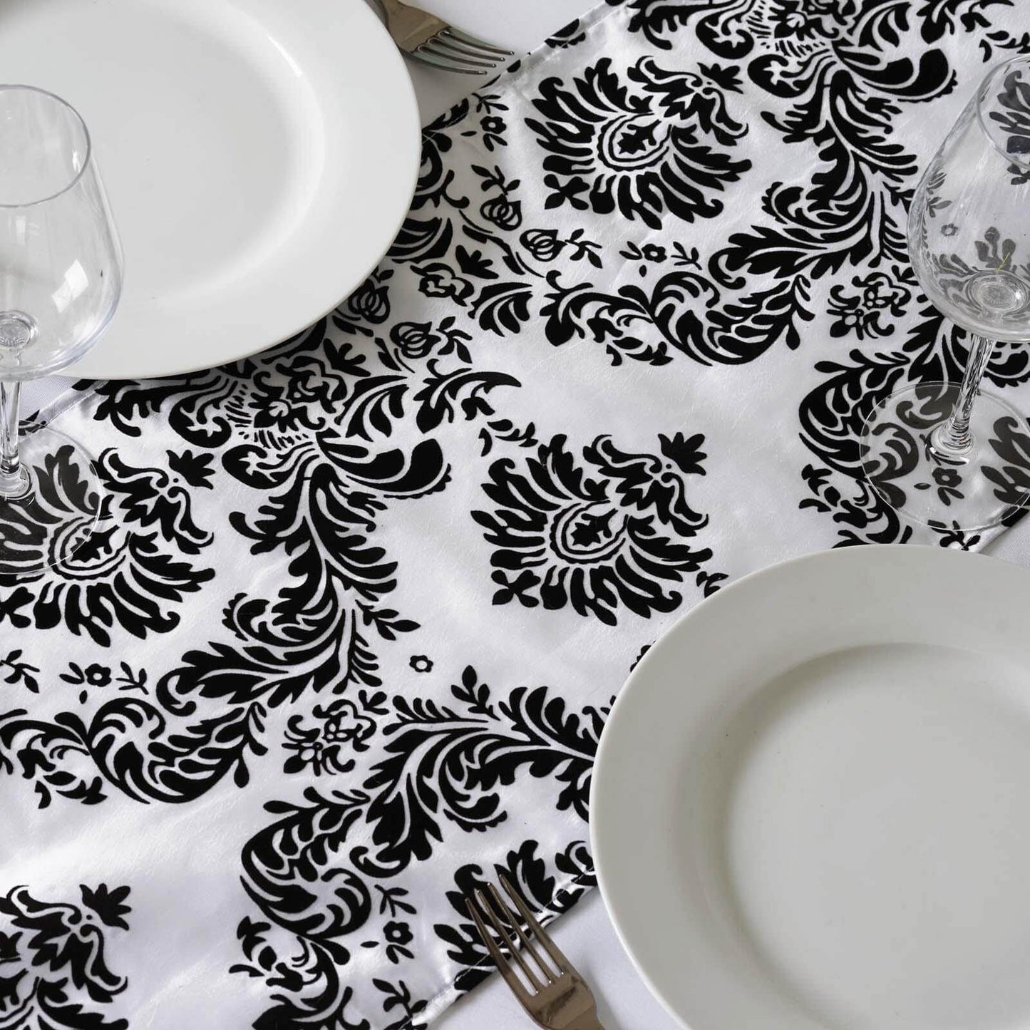 Taffeta Flocking 12"x108" Table Runner Black Damask - Stylish Table Accent - NestOCart