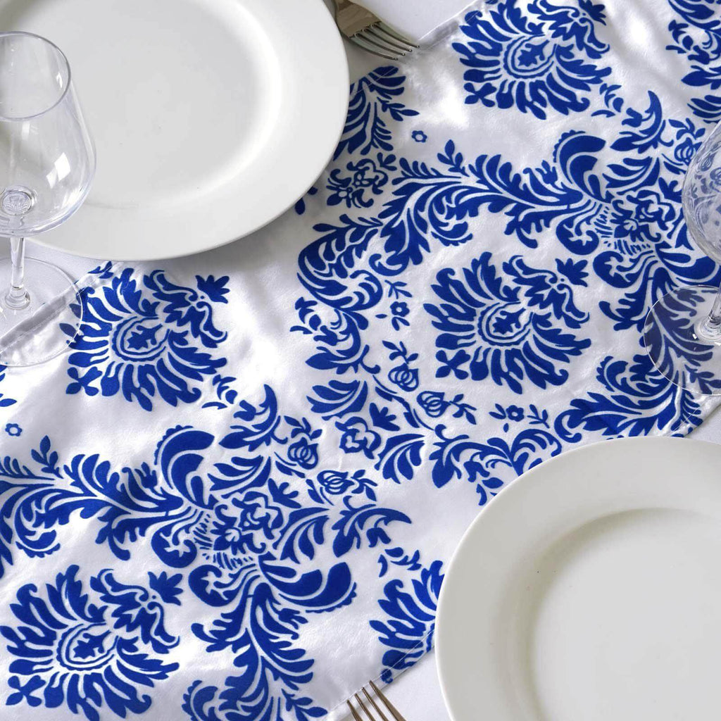 Taffeta Flocking 12"x108" Table Runner Royal Blue Damask - Stylish Table Accent - Bell Racket Store