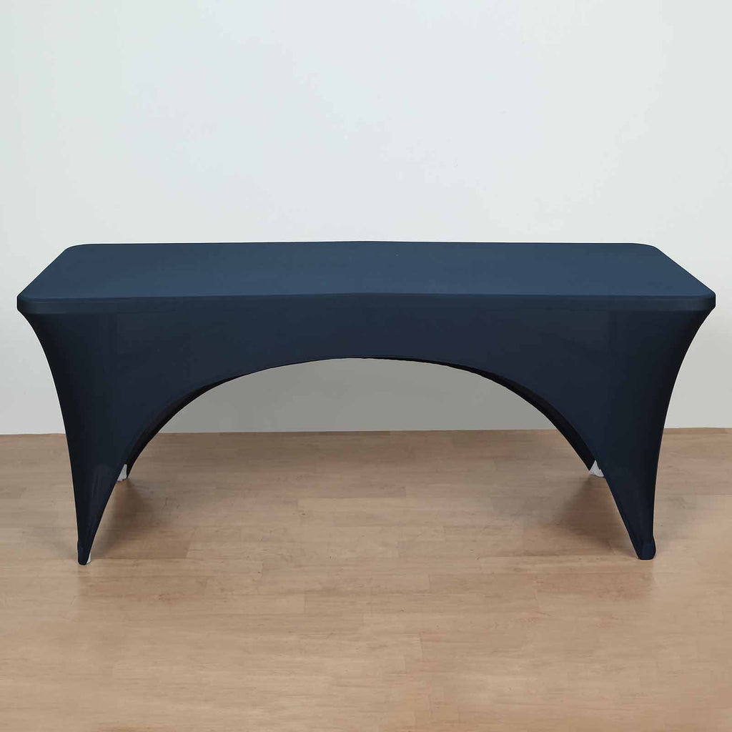 Stretch Spandex 96"x30" Rectangle Table Cover Navy Blue with Curved Open Back Design Tailored Professional Look