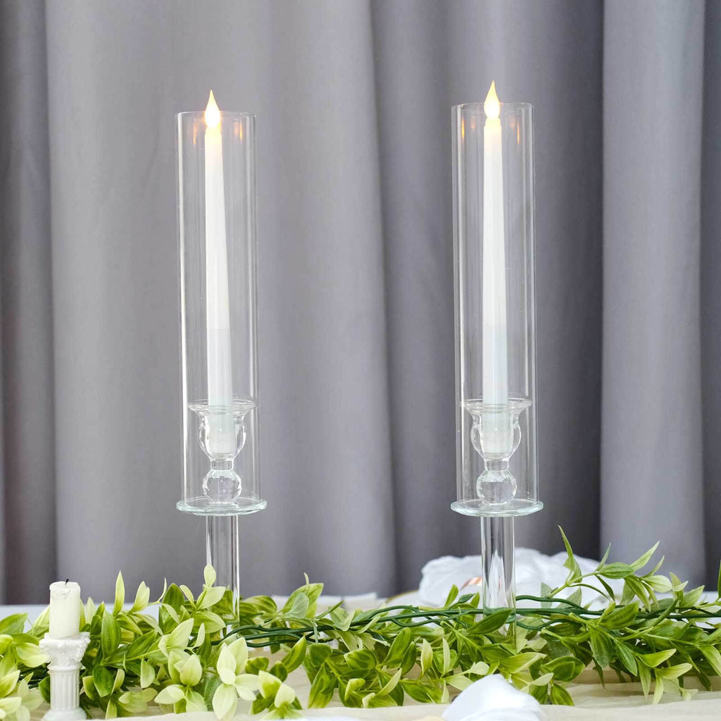 2-Pack Crystal Glass Hurricane Taper Candle Holders, Tall Decorative Candle Stands Clear Cylinder Chimney Tubes 18"