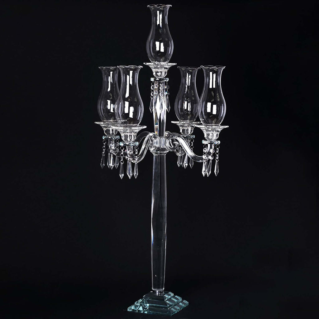 5 Arm Crystal Glass Taper Candle Holder Candelabra, Luxurious Table Centerpiece With Chandelier Chains 40"