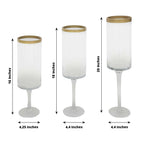Set of 3 Glass Hurricane Candle Holders Long Stem Clear with Gold Rim - Decorative Pedestal Floral Centerpieces 16", 18", 20"